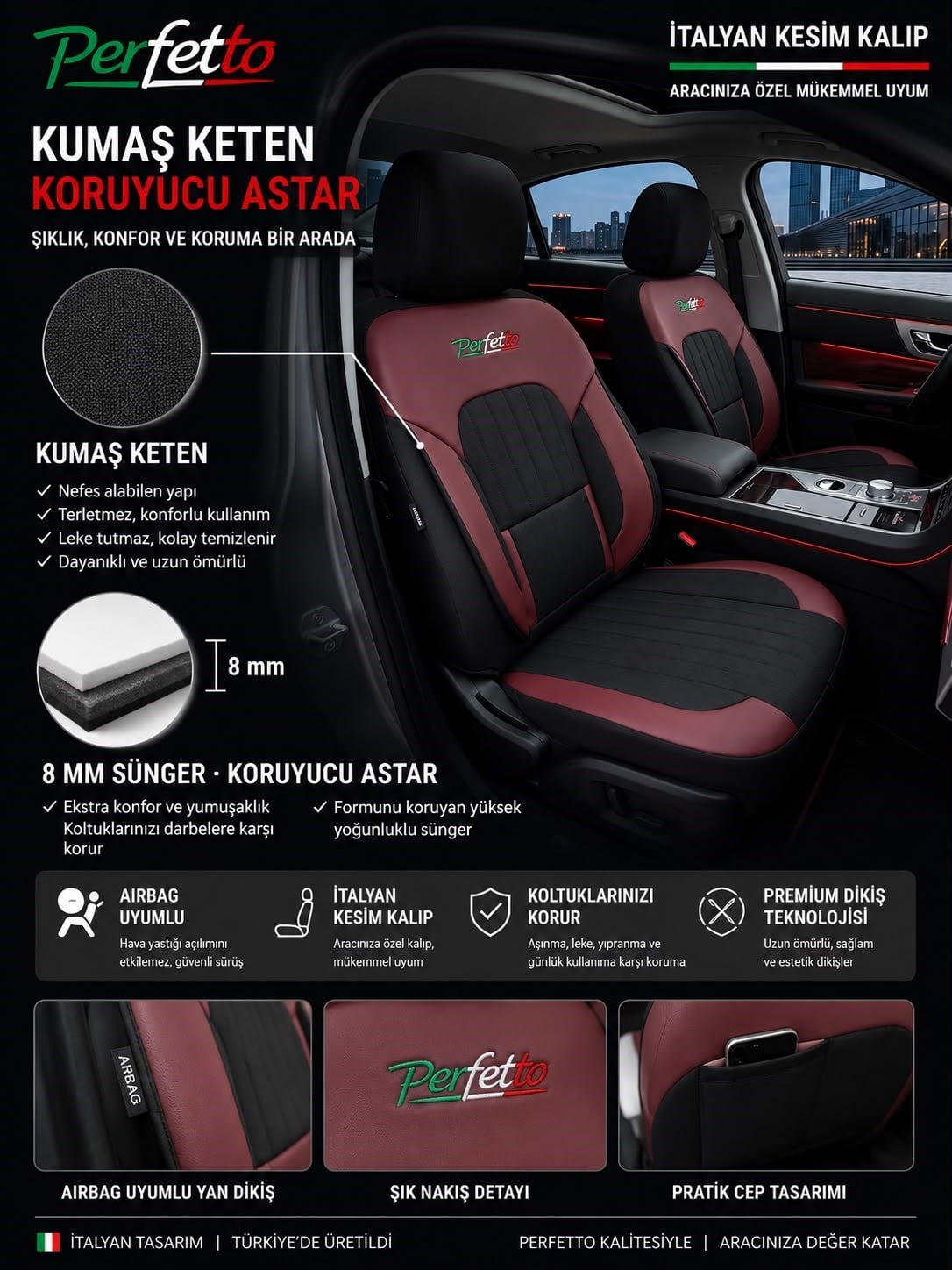 Perfetto Serisi Lüks Keten Bordo Üniversal Oto Koltuk Kılıfı - 5 Koltuk Tam Set