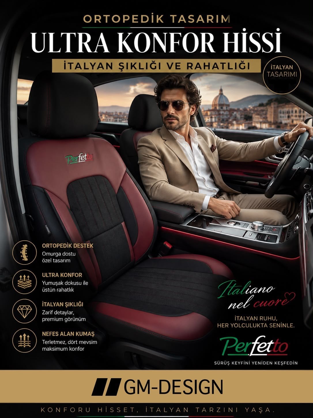 Perfetto Serisi Lüks Keten Bordo Üniversal Oto Koltuk Kılıfı - 5 Koltuk Tam Set