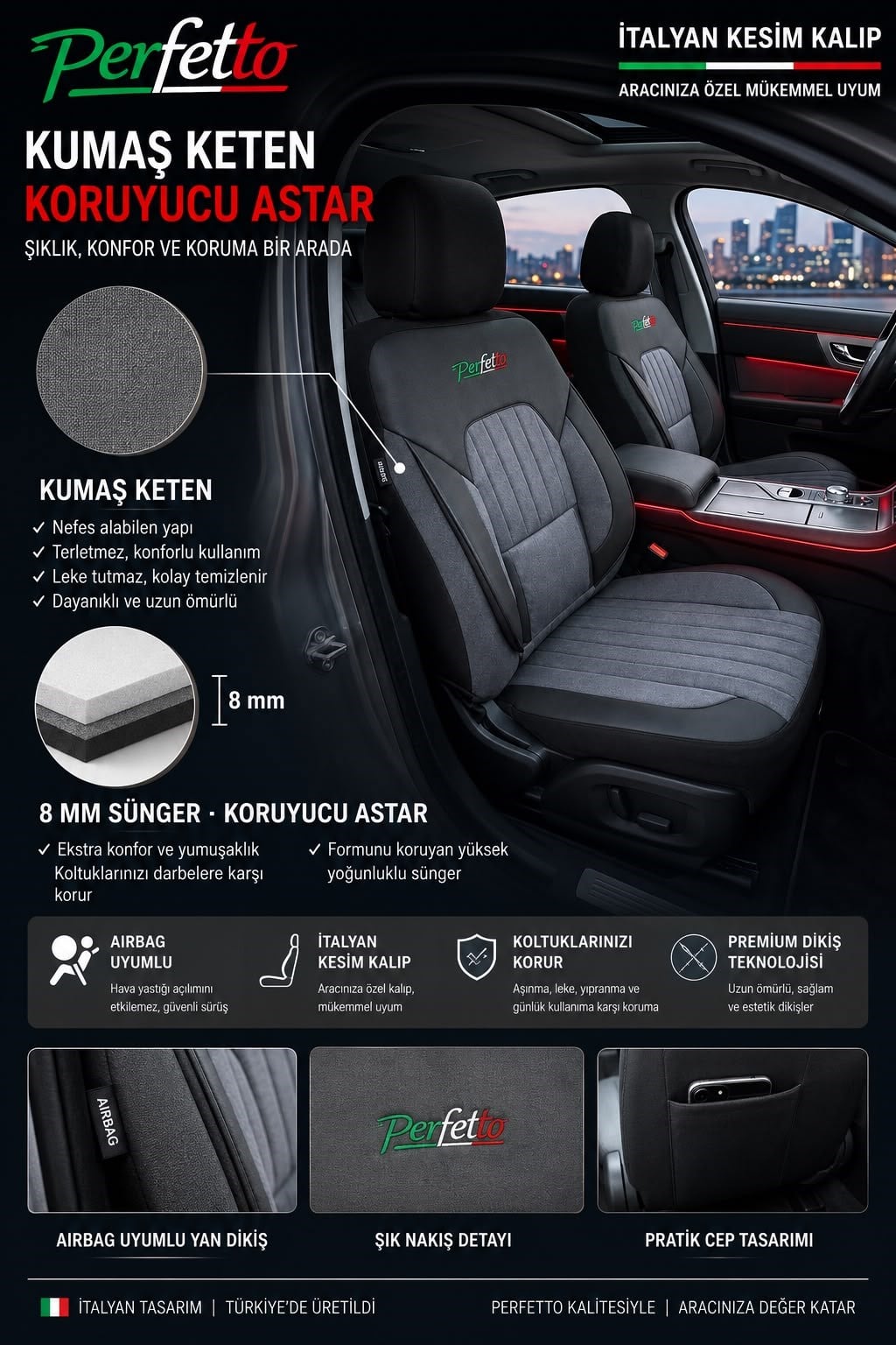 Perfetto Serisi Lüks Keten Füme Üniversal Oto Koltuk Kılıfı - 5 Koltuk Tam Set
