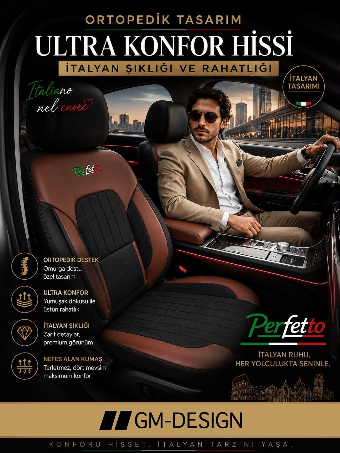 Perfetto Serisi Lüks Keten Kahve Üniversal Oto Koltuk Kılıfı - 5 Koltuk Tam Set