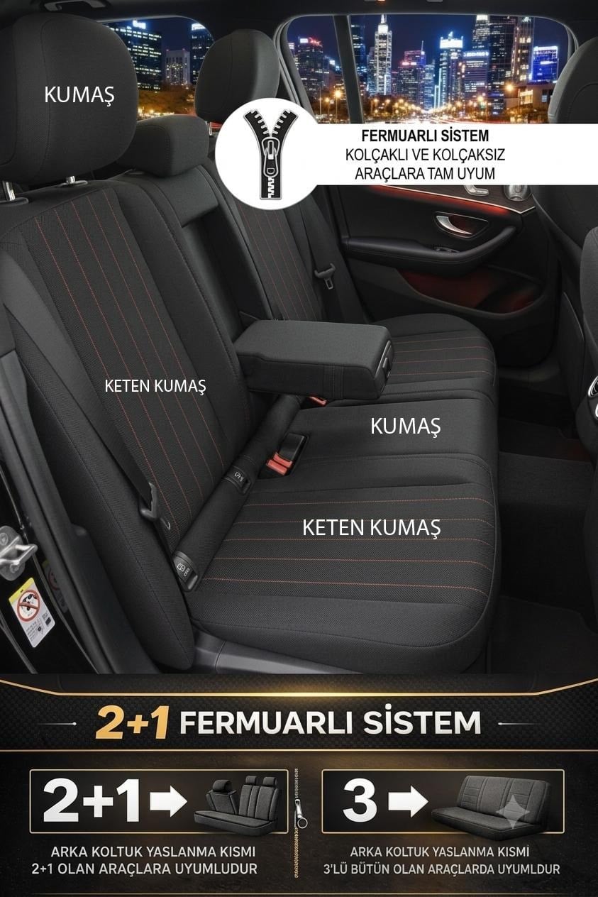 Perfetto Serisi Lüks Keten Kahve Üniversal Oto Koltuk Kılıfı - 5 Koltuk Tam Set