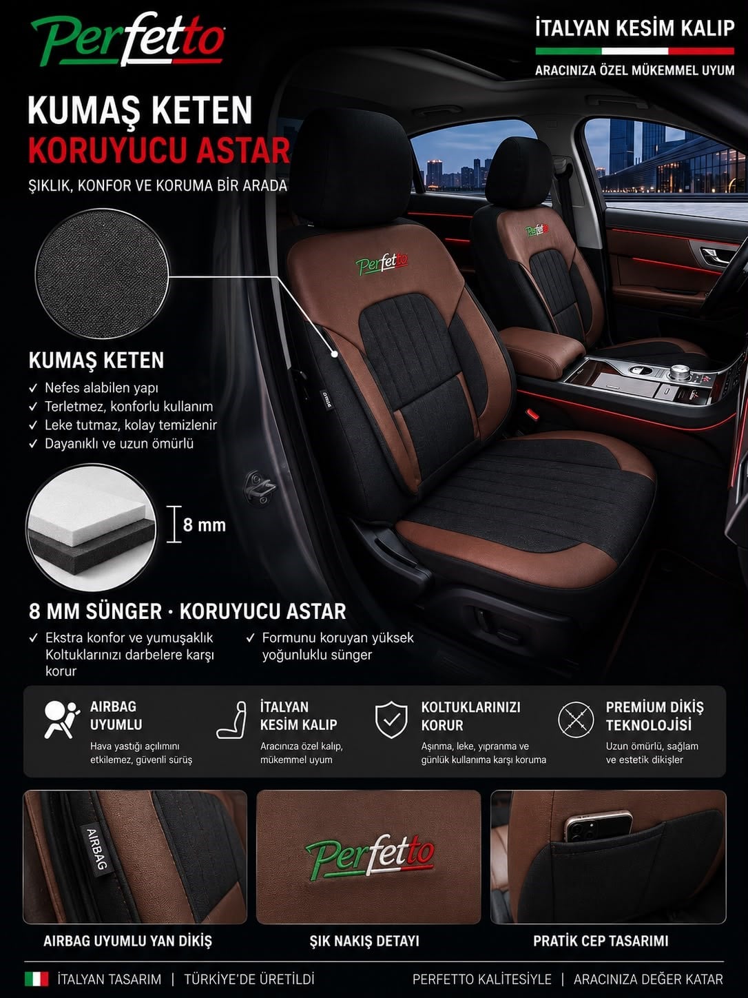 Perfetto Serisi Lüks Keten Kahve Üniversal Oto Koltuk Kılıfı - 5 Koltuk Tam Set