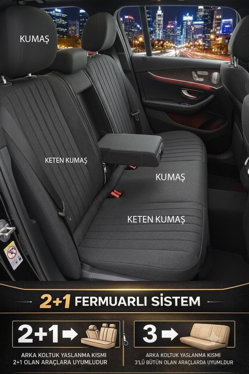 Perfetto Serisi Lüks Keten Siyah Üniversal Oto Koltuk Kılıfı - 5 Koltuk Tam Set