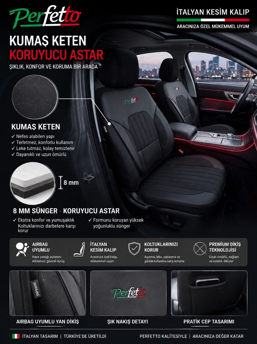 Perfetto Serisi Lüks Keten Siyah Üniversal Oto Koltuk Kılıfı - 5 Koltuk Tam Set