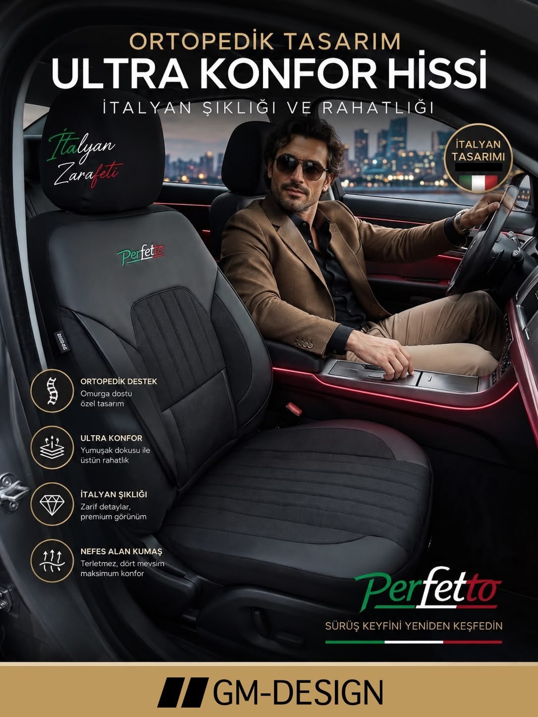 Perfetto Serisi Lüks Keten Siyah Üniversal Oto Koltuk Kılıfı - 5 Koltuk Tam Set