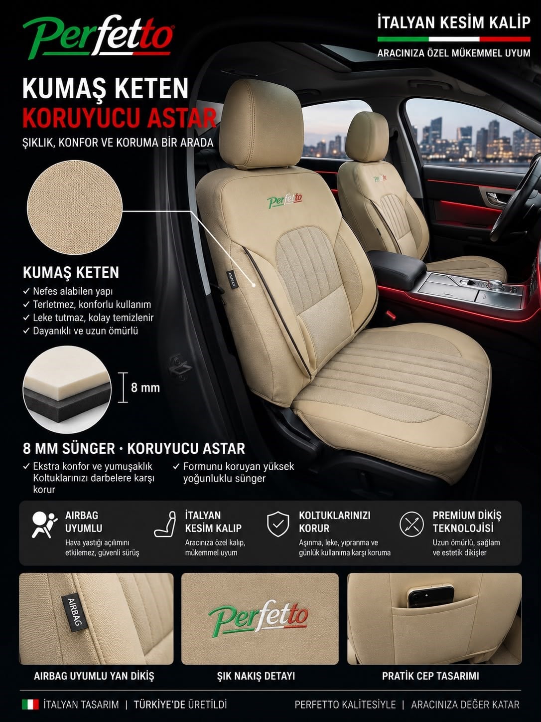 Perfetto Serisi Lüks Keten Üniversal Oto Koltuk Kılıfı - 5 Koltuk Tam Set