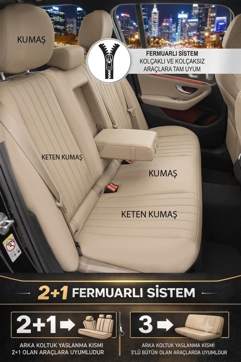 Perfetto Serisi Lüks Keten Üniversal Oto Koltuk Kılıfı - 5 Koltuk Tam Set