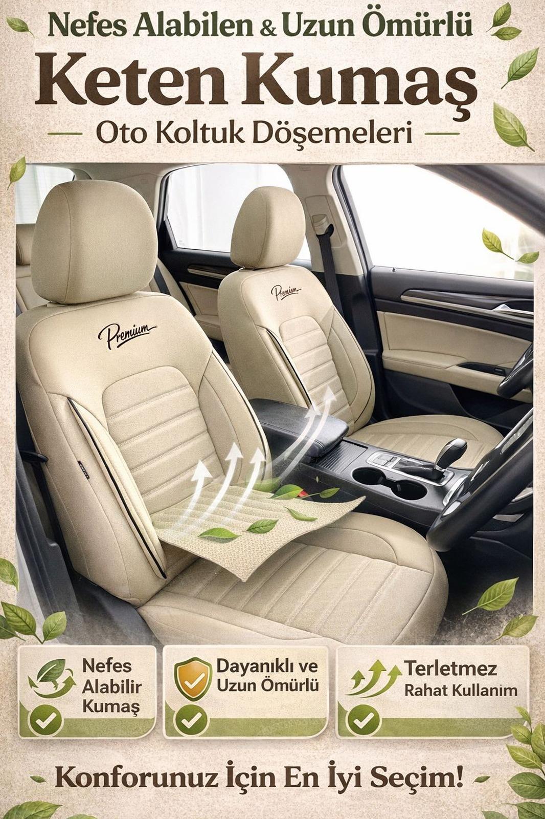 Premium Serisi Lüks Keten Üniversal Bej Oto Koltuk Kılıfı - 5 Koltuk Tam Set