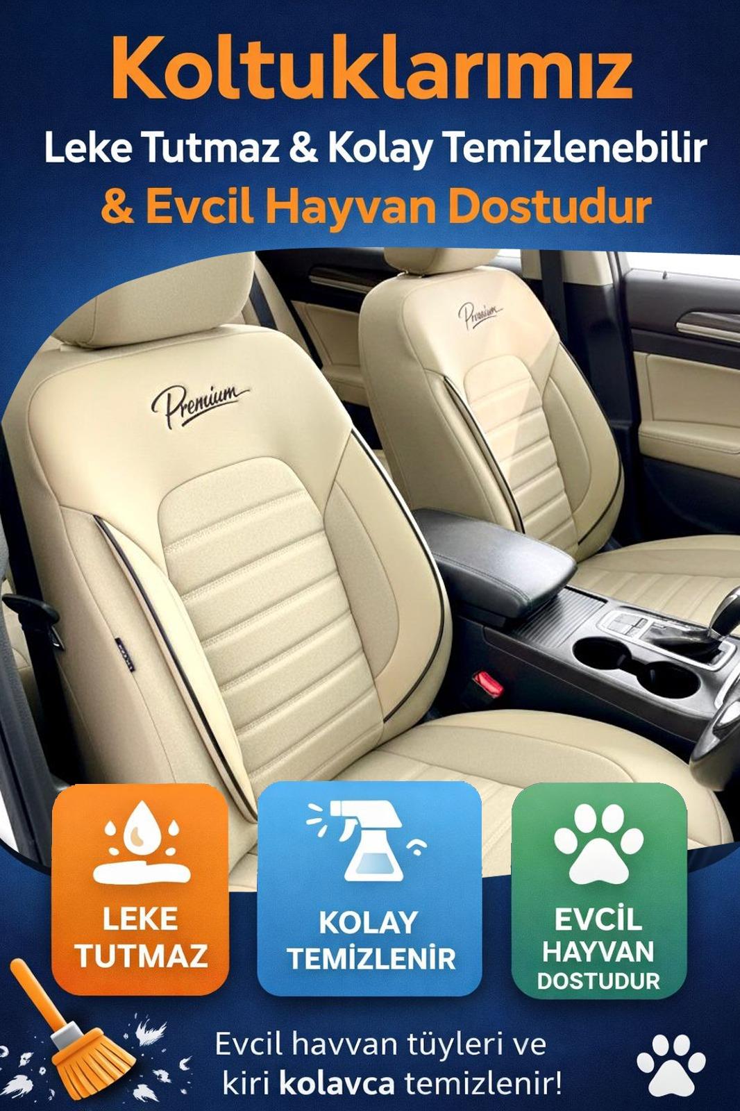 Premium Serisi Lüks Keten Üniversal Bej Oto Koltuk Kılıfı - 5 Koltuk Tam Set