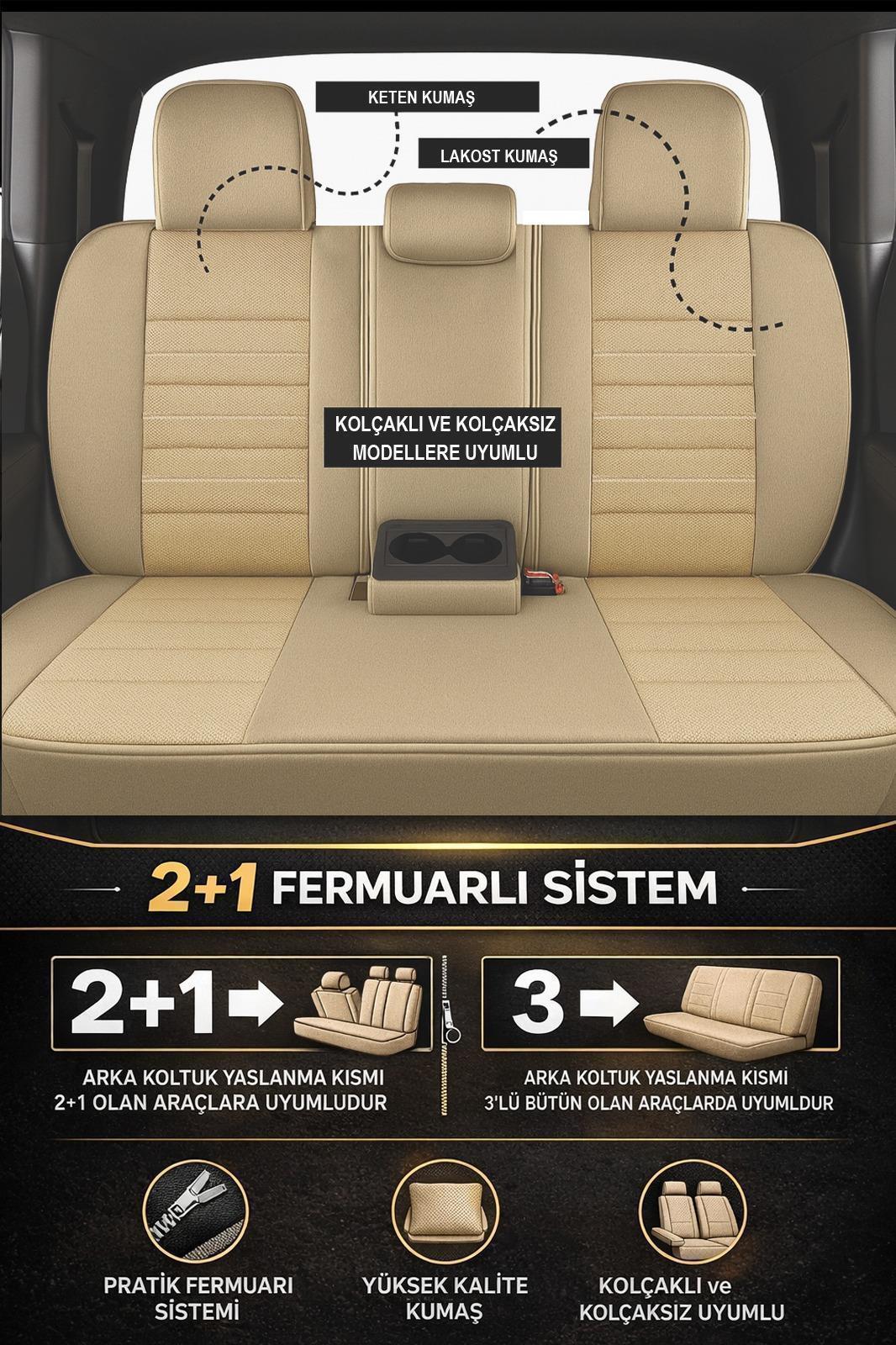 Premium Serisi Lüks Keten Üniversal Bej Oto Koltuk Kılıfı - 5 Koltuk Tam Set