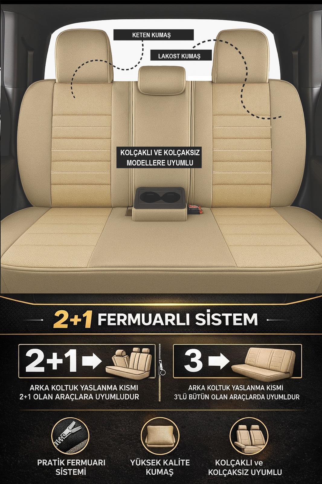 Premium Serisi Lüks Keten Üniversal Bej Oto Koltuk Kılıfı - 5 Koltuk Tam Set