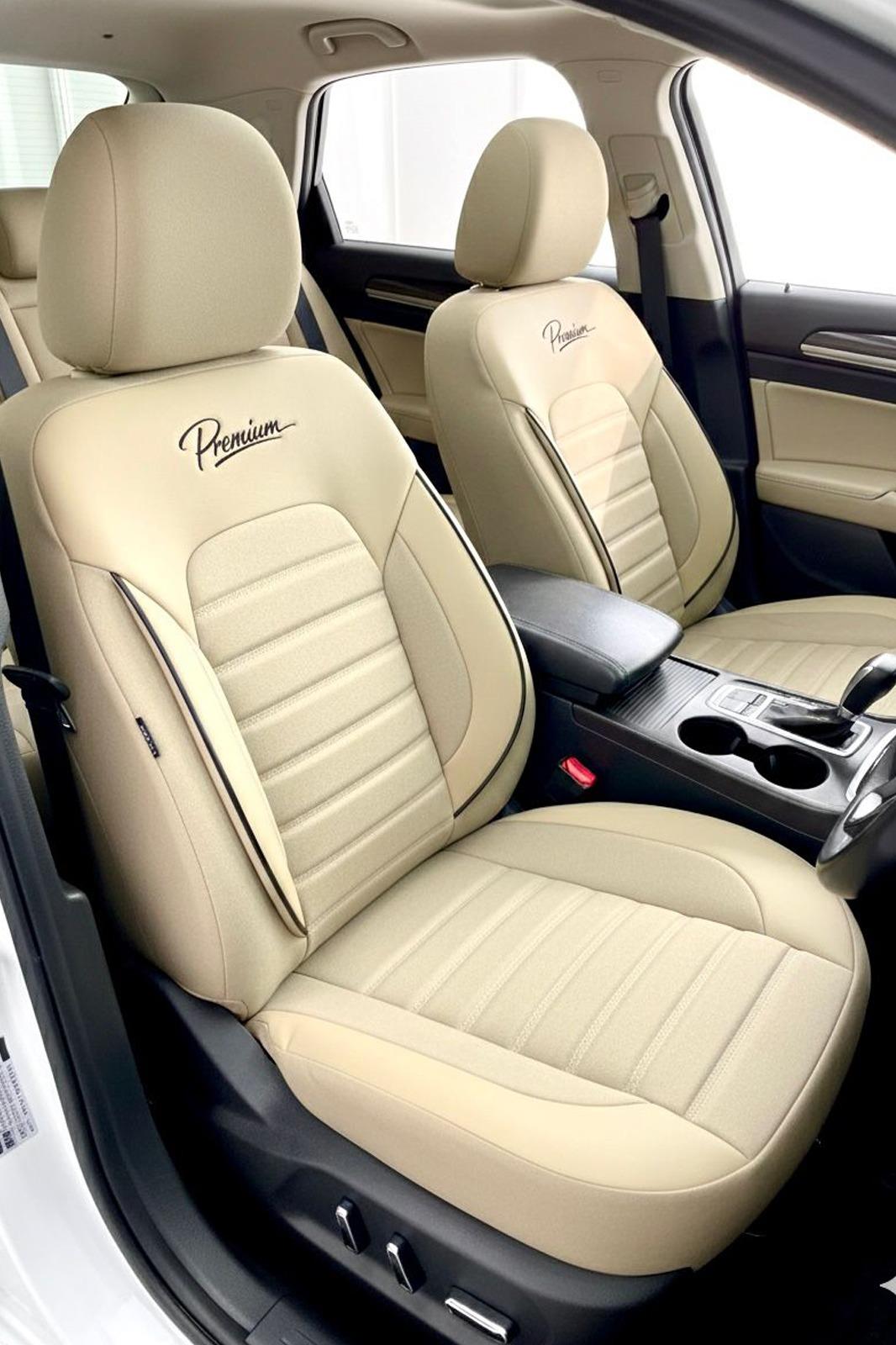 Premium Serisi Lüks Keten Üniversal Bej Oto Koltuk Kılıfı - 5 Koltuk Tam Set