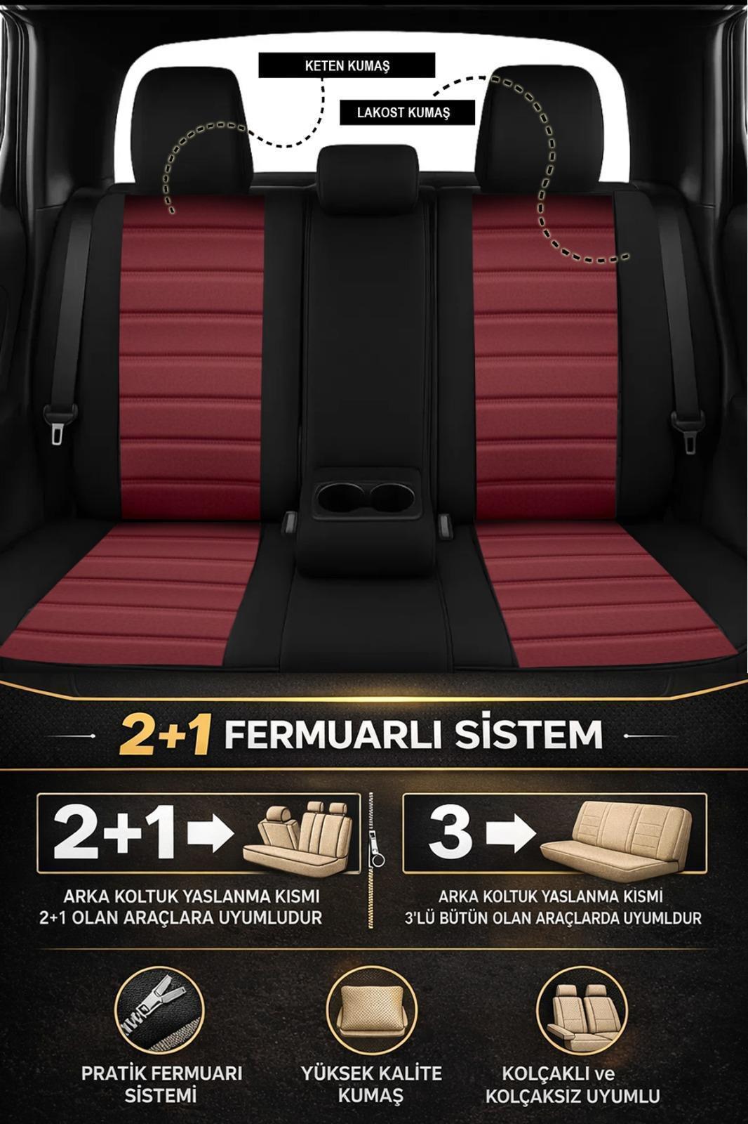 Premium Serisi Lüks Keten Üniversal Bordo Oto Koltuk Kılıfı - 5 Koltuk Tam Set