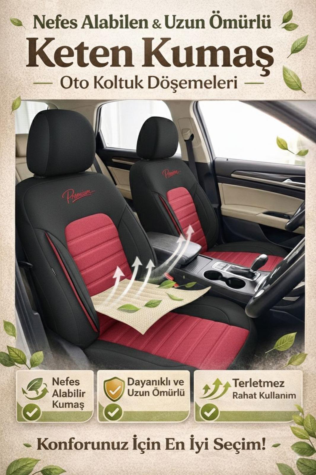 Premium Serisi Lüks Keten Üniversal Bordo Oto Koltuk Kılıfı - 5 Koltuk Tam Set