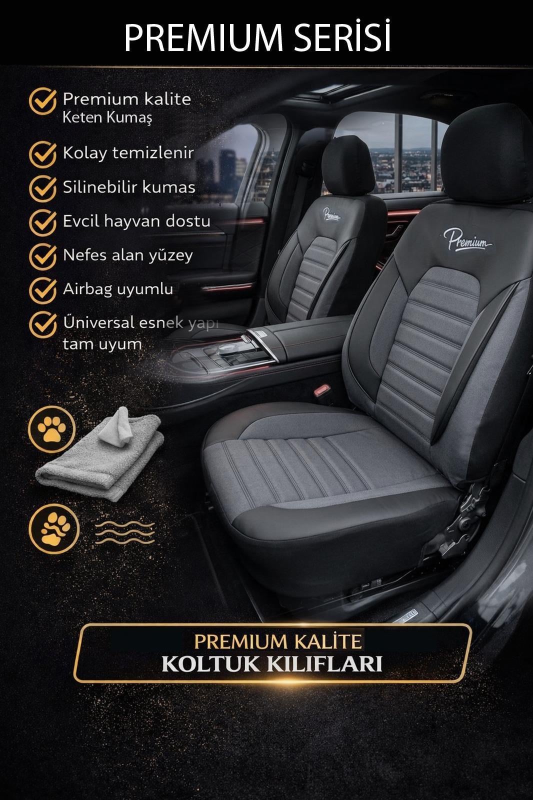 Premium Serisi Lüks Keten Üniversal Füme Oto Koltuk Kılıfı - 5 Koltuk Tam Set