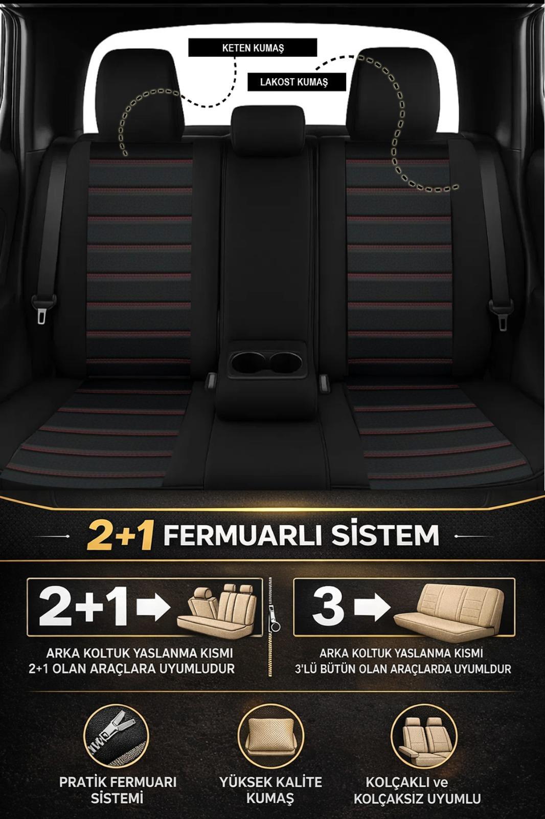 Premium Serisi Lüks Keten Üniversal Siyah Oto Koltuk Kılıfı - 5 Koltuk Tam Set