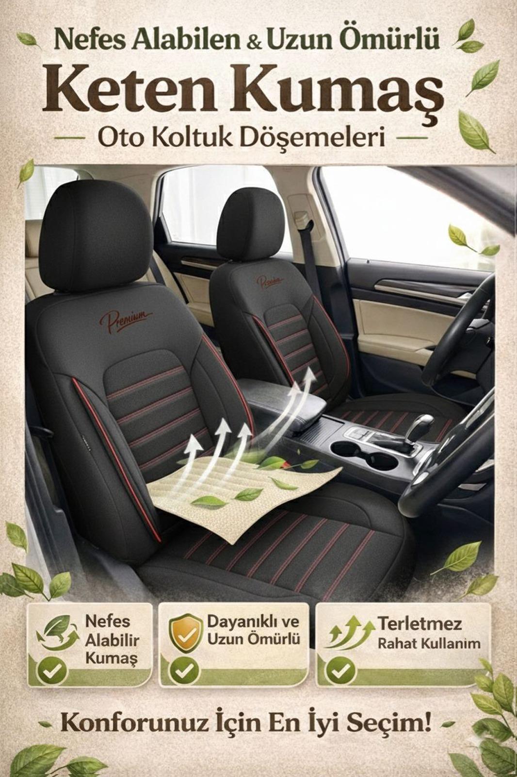 Premium Serisi Lüks Keten Üniversal Siyah Oto Koltuk Kılıfı - 5 Koltuk Tam Set