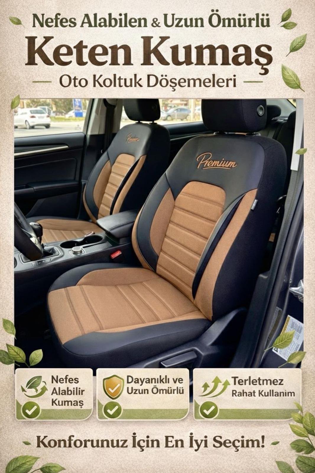 Premium Serisi Lüks Keten Üniversal Taba Oto Koltuk Kılıfı - 5 Koltuk Tam Set