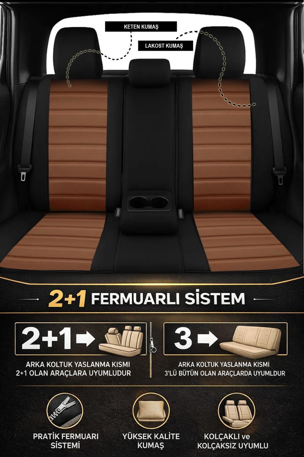 Premium Serisi Lüks Keten Üniversal Taba Oto Koltuk Kılıfı - 5 Koltuk Tam Set