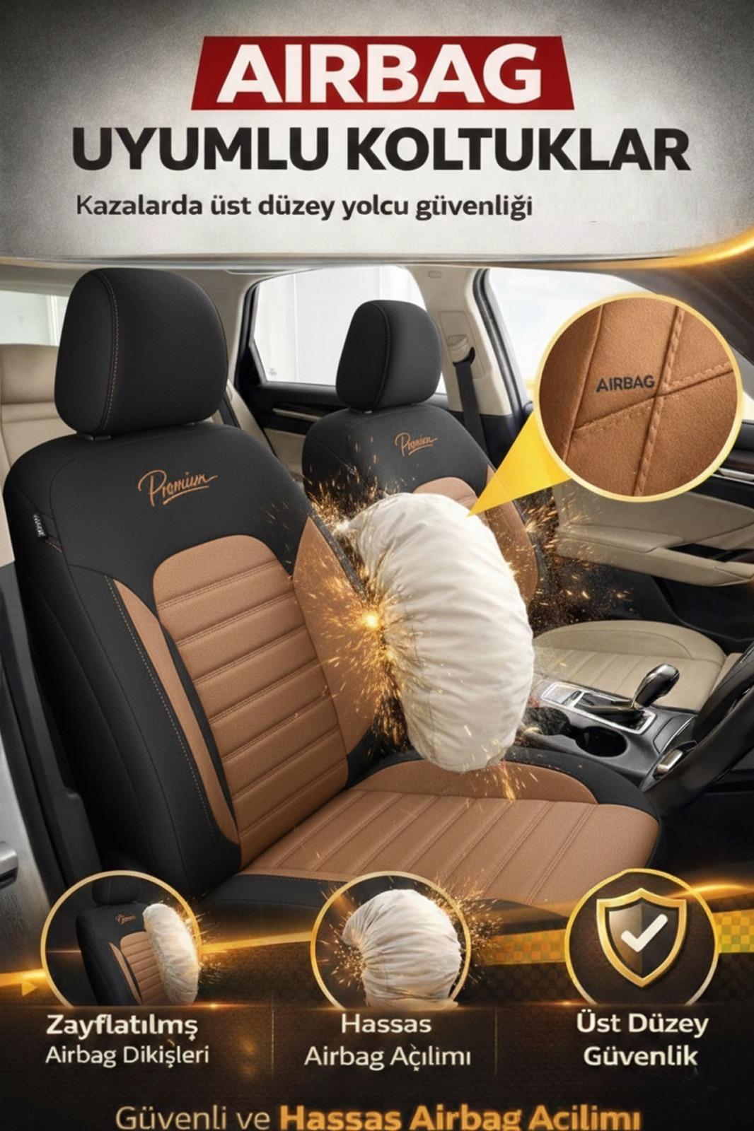 Premium Serisi Lüks Keten Üniversal Taba Oto Koltuk Kılıfı - 5 Koltuk Tam Set
