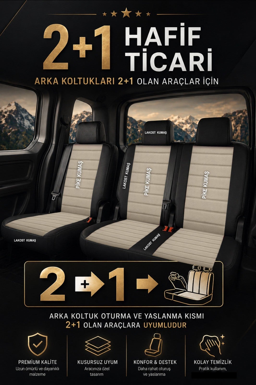 Speed Serisi Pike Kumaş Bej Ticari 2+1 Oto Koltuk Kılıfı - (DOBLO-CADDY-BERLİNGO-DOKKER-COURİER-KANGOO UYUMLU)