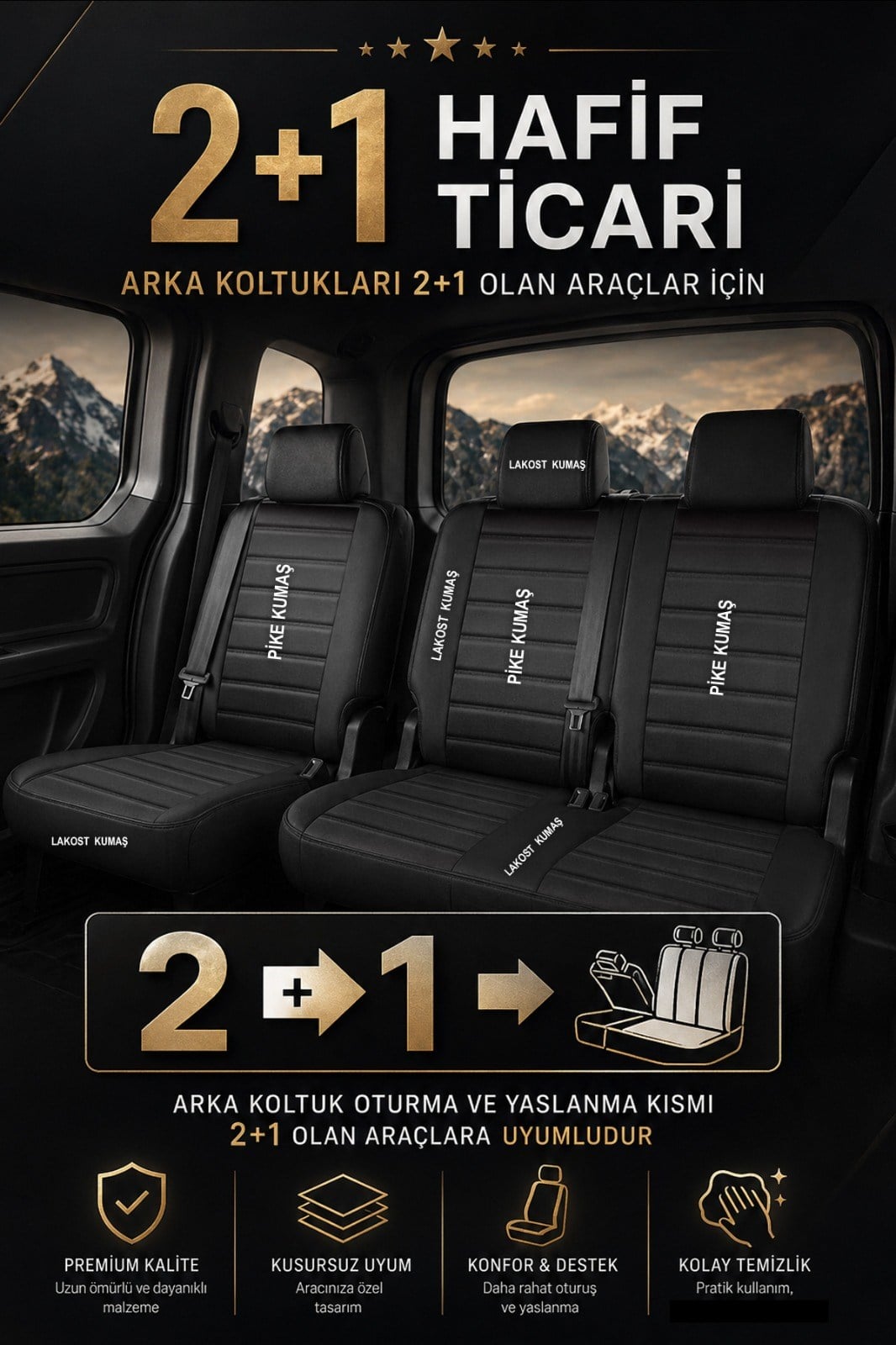 Speed Serisi Pike Kumaş Siyah Ticari 2+1 Oto Koltuk Kılıfı - (DOBLO-CADDY-BERLİNGO-DOKKER-COURİER-KANGOO UYUMLU)