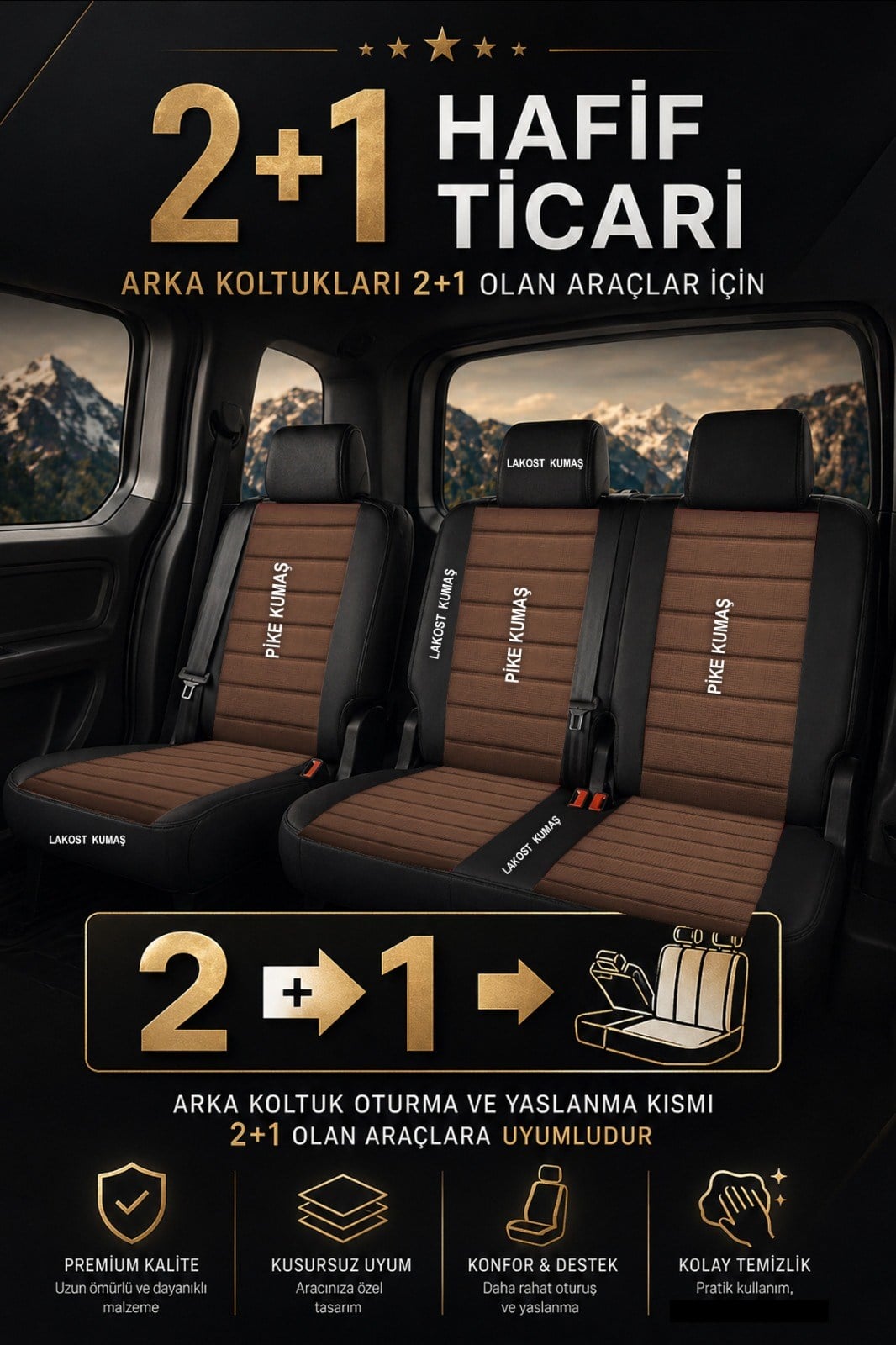 Speed Serisi Pike Kumaş Taba Ticari 2+1 Oto Koltuk Kılıfı - (DOBLO-CADDY-BERLİNGO-DOKKER-COURİER-KANGOO UYUMLU)