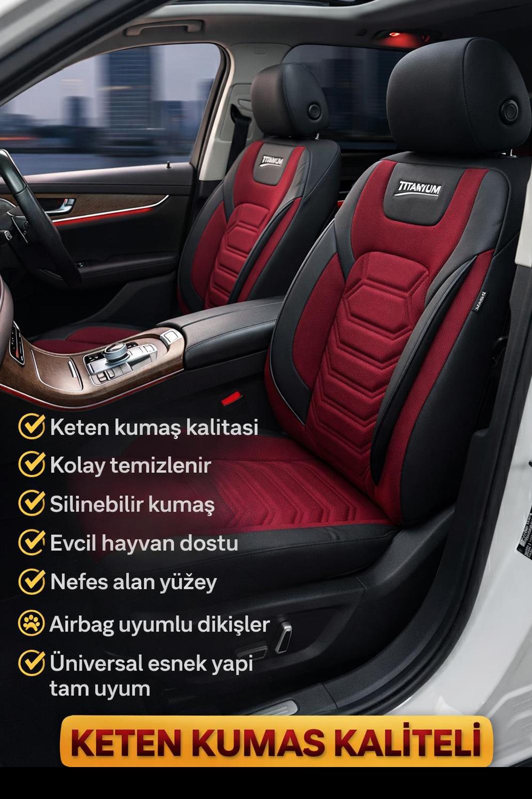 Titanyum Serisi Lüks Keten Üniversal Bordo Oto Koltuk Kılıfı - 5 Koltuk Tam Set