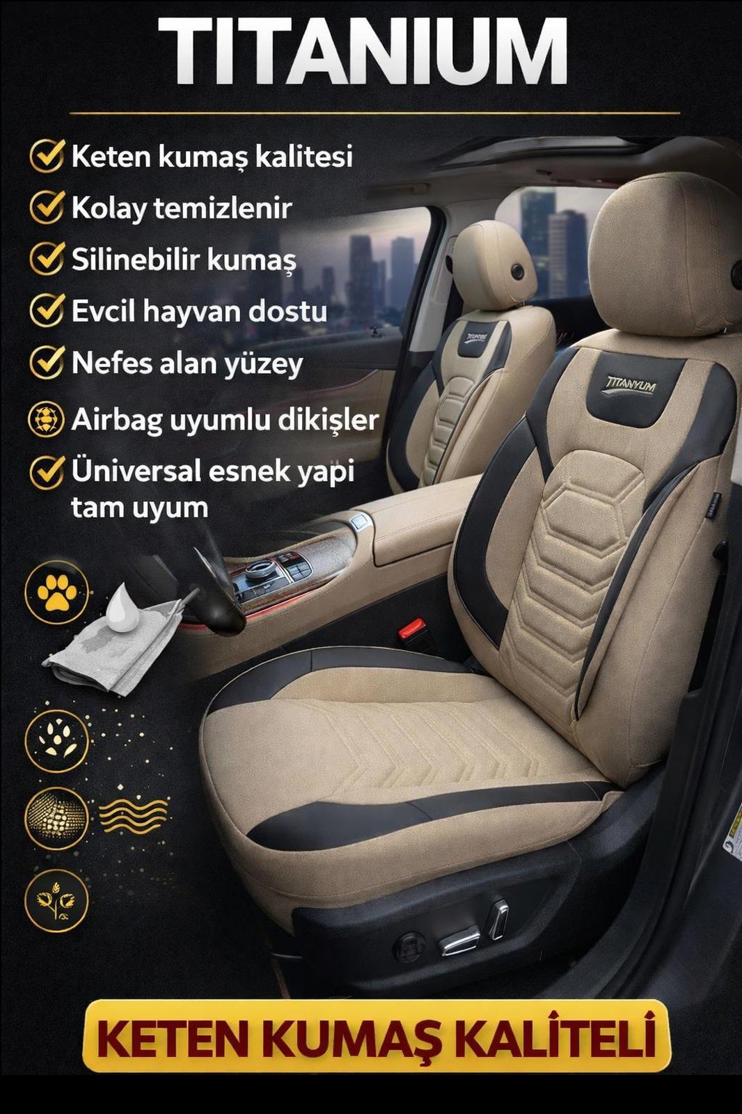 Titanyum Serisi Lüks Keten Üniversal Bej Oto Koltuk Kılıfı - 5 Koltuk Tam Set