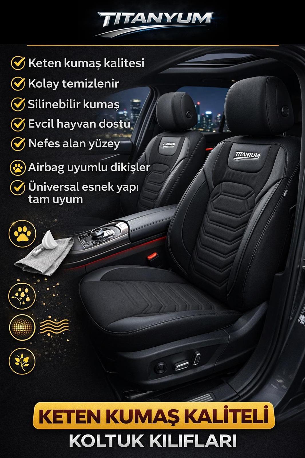 Titanyum Serisi Lüks Keten Üniversal Siyah Oto Koltuk Kılıfı - 5 Koltuk Tam Set
