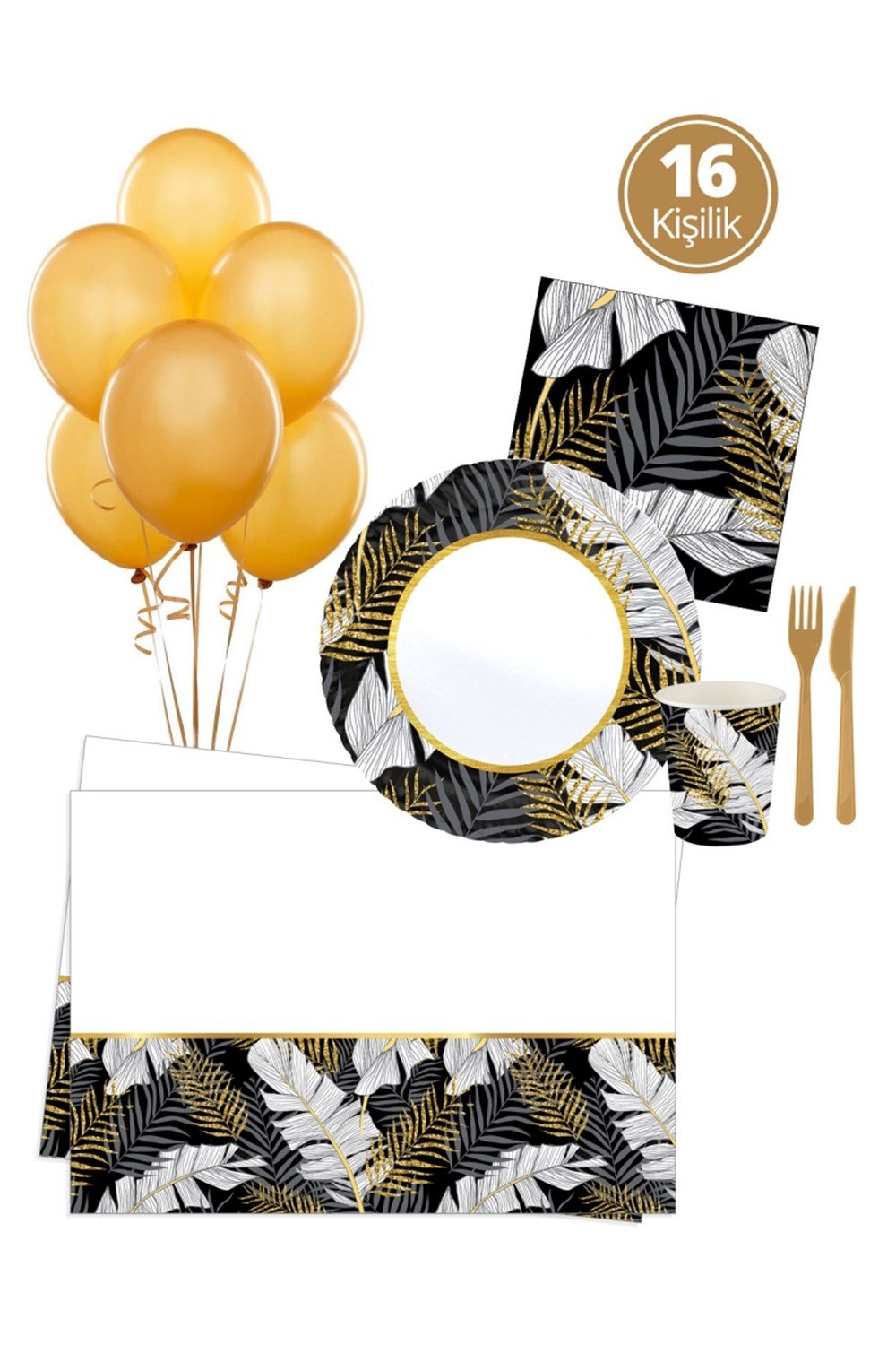 KBK Market Altın Simli Yapraklar Siyah 16 Kişilik Set