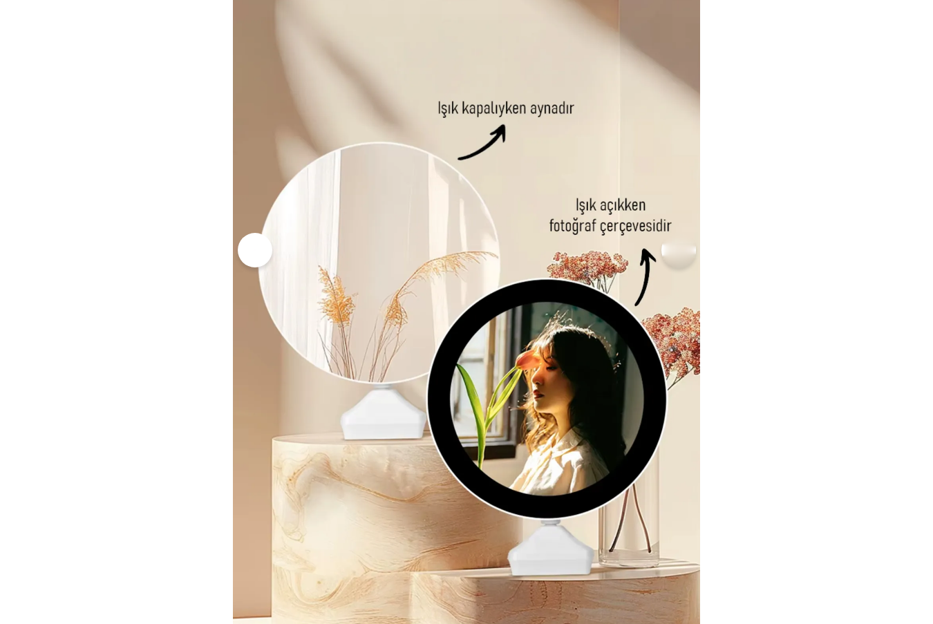 KBK Market Led Işıklı Sihirli Ayna Fotoğraf Çerçevesi Yuvarlak
