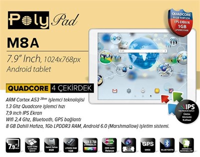 Polypad M8A 7.9'' IPS Ekran Buetooth 8GB Tablet PC