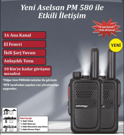 Aselsan PM-580 10Km Çekim Mesafeli Pmr El Telsizi (2'li Set)