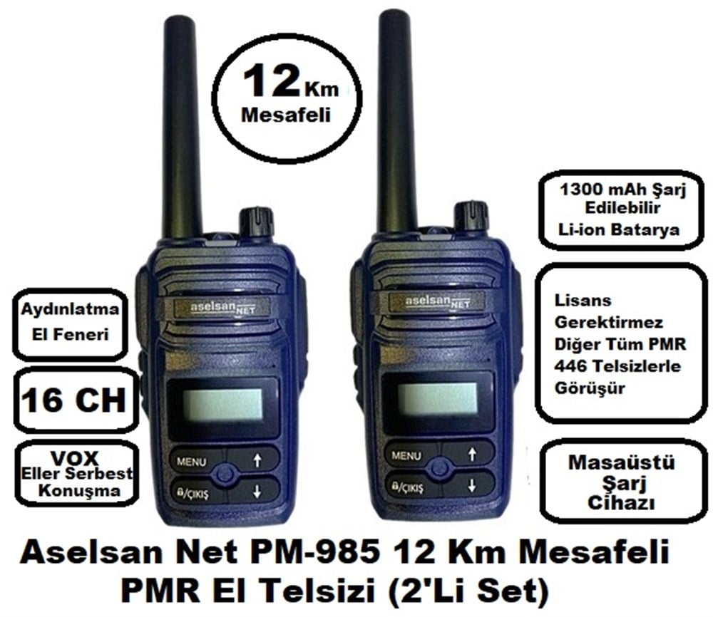 Aselsan PM985 12Km Açık Alan Mesafeli Pmr El Telsizi (2'li Set)