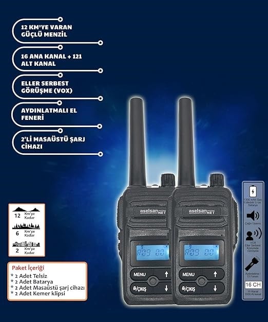 Aselsan PM985 12Km Açık Alan Mesafeli Pmr El Telsizi (2'li Set)
