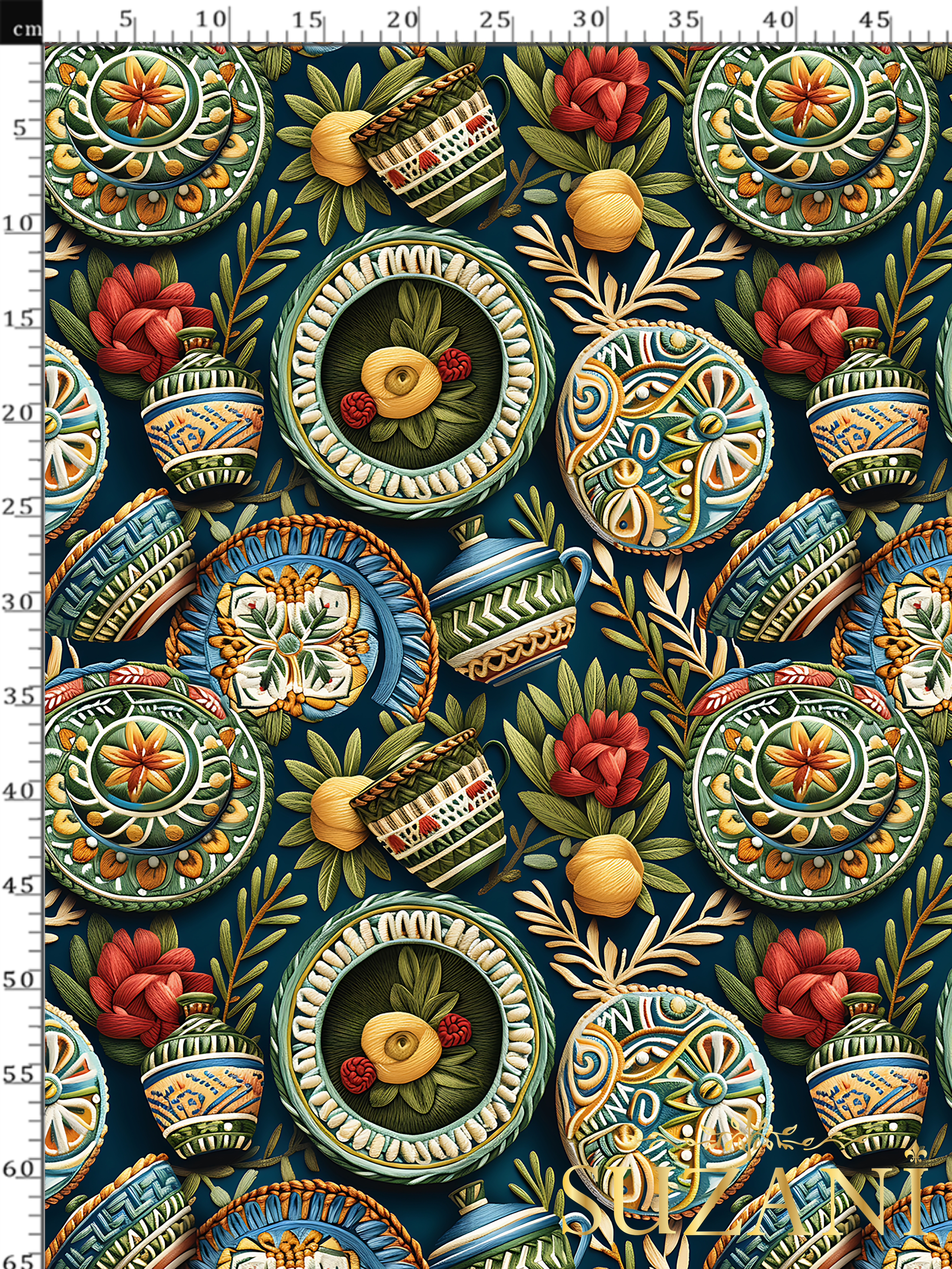 3D Çini Tabağı Desenli Dijital Baskılı Kumaş