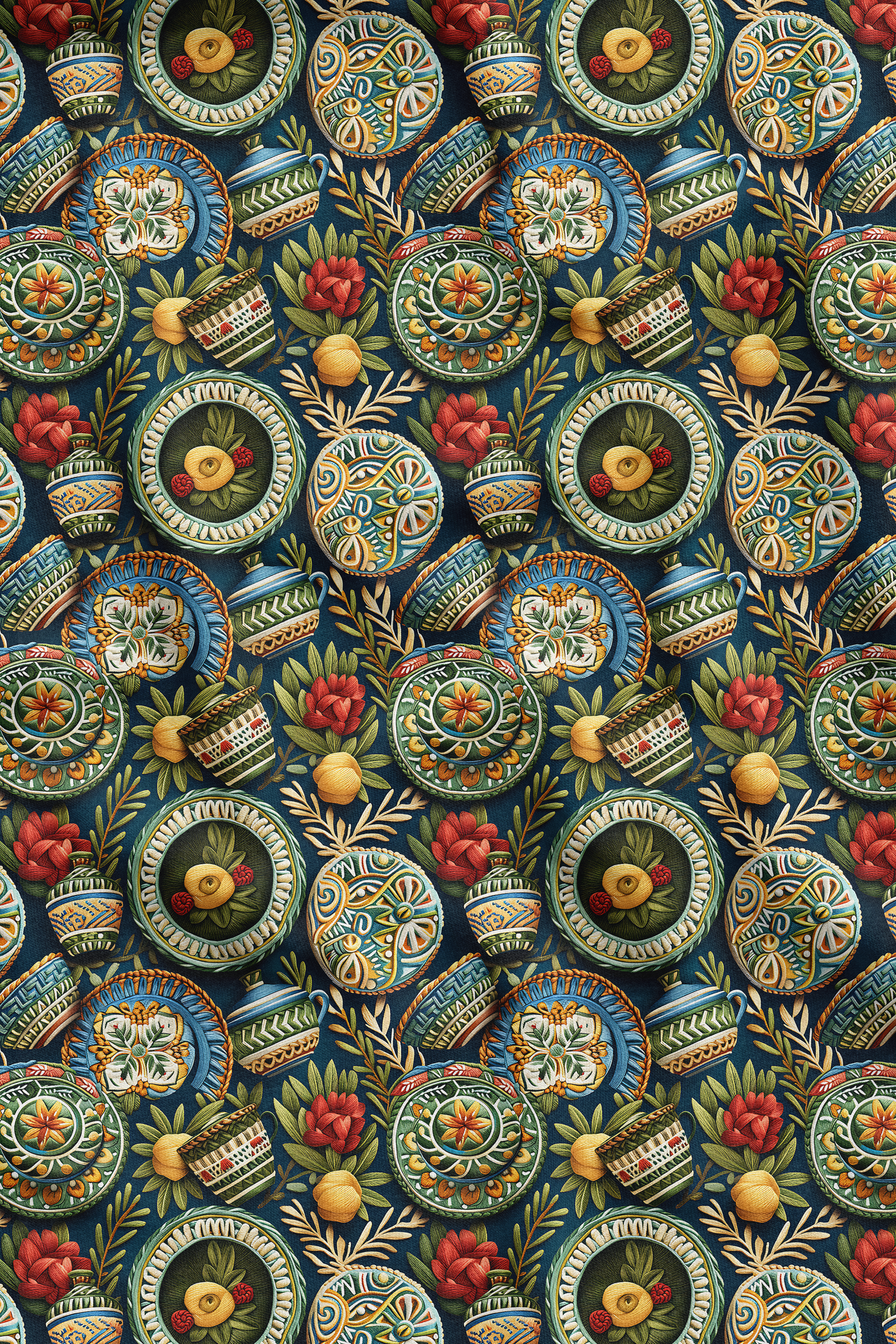 3D Çini Tabağı Desenli Dijital Baskılı Kumaş