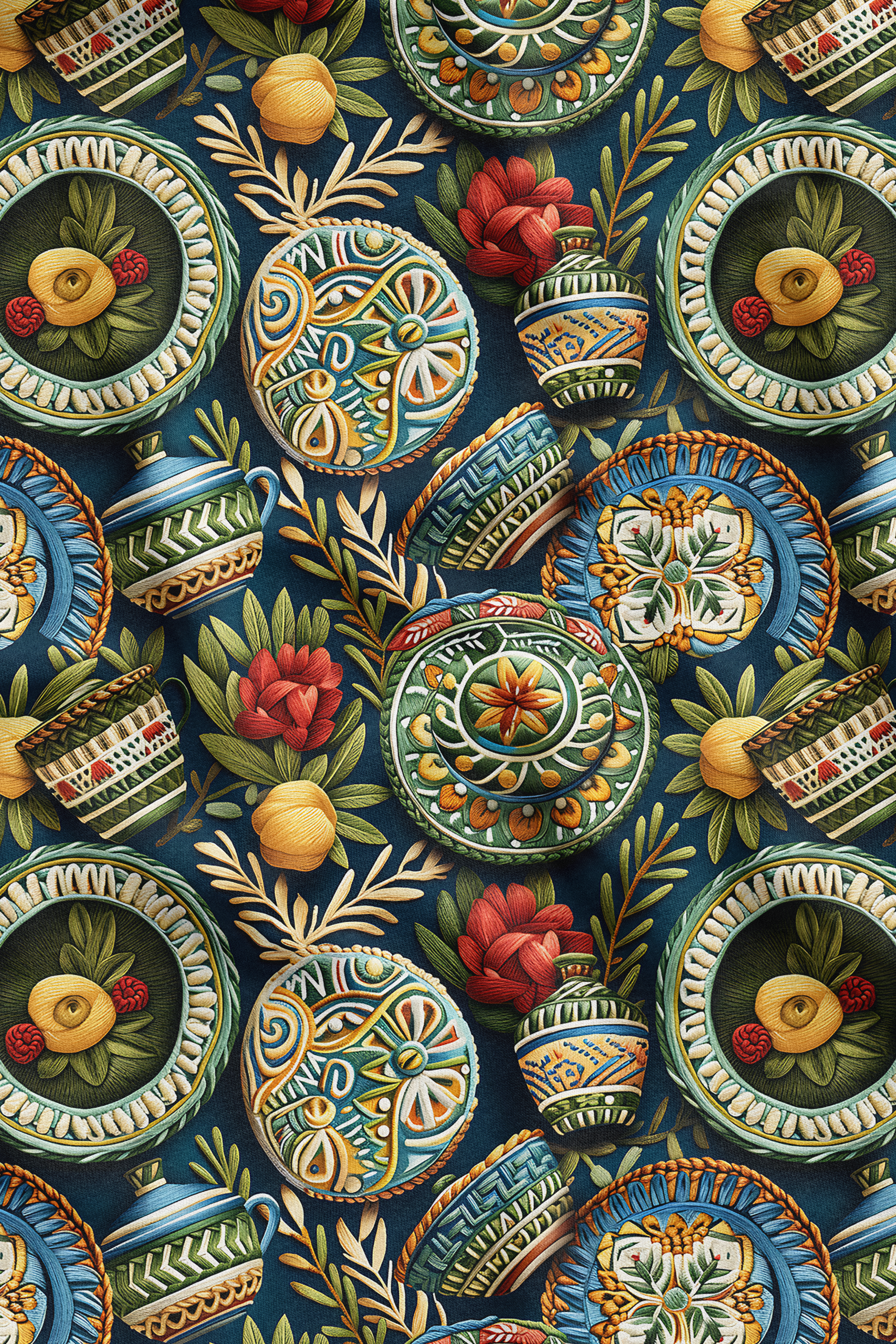 3D Çini Tabağı Desenli Dijital Baskılı Kumaş