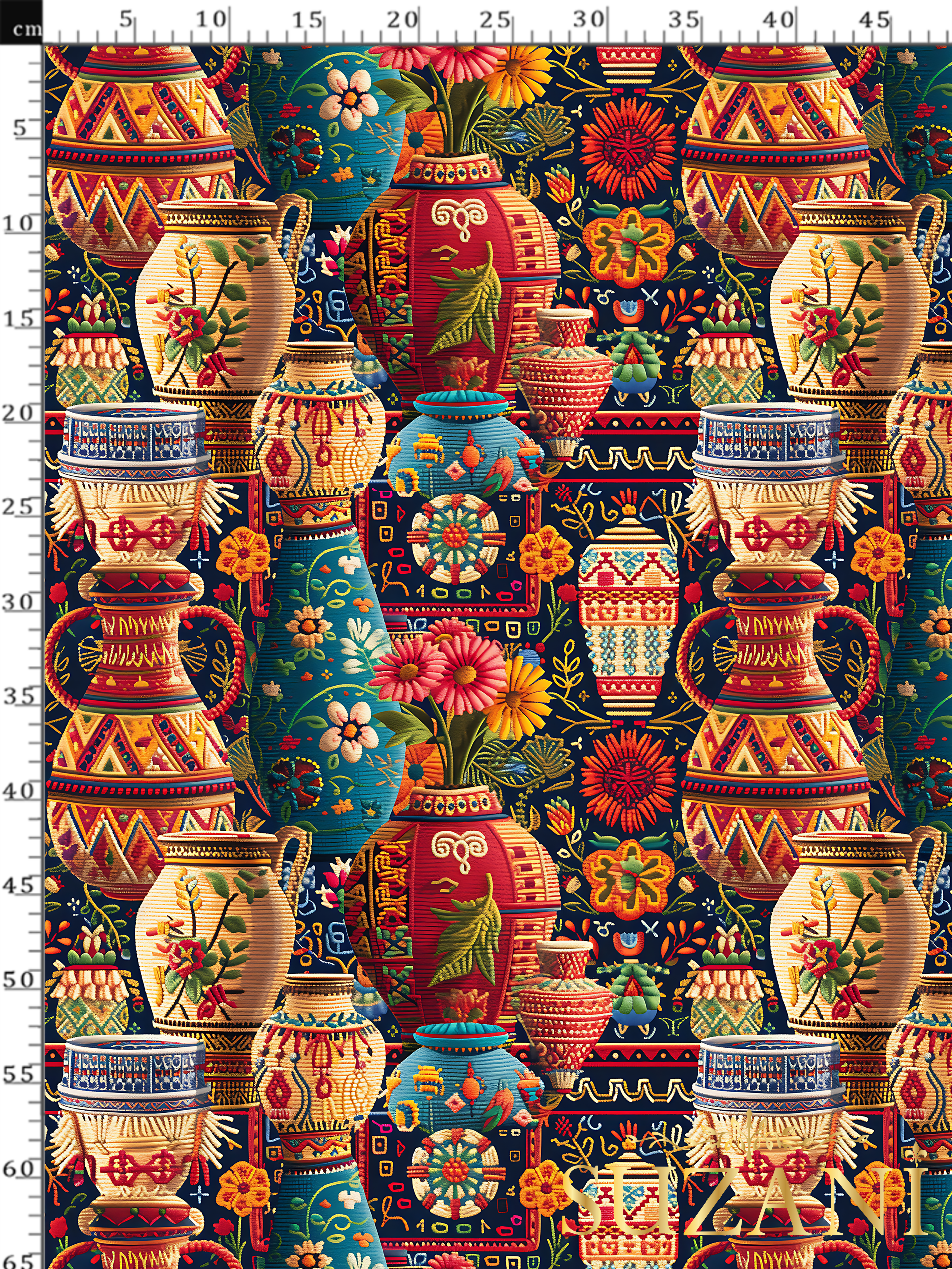 3D Etnik Vazo Desenli Dijital Baskılı Kumaş