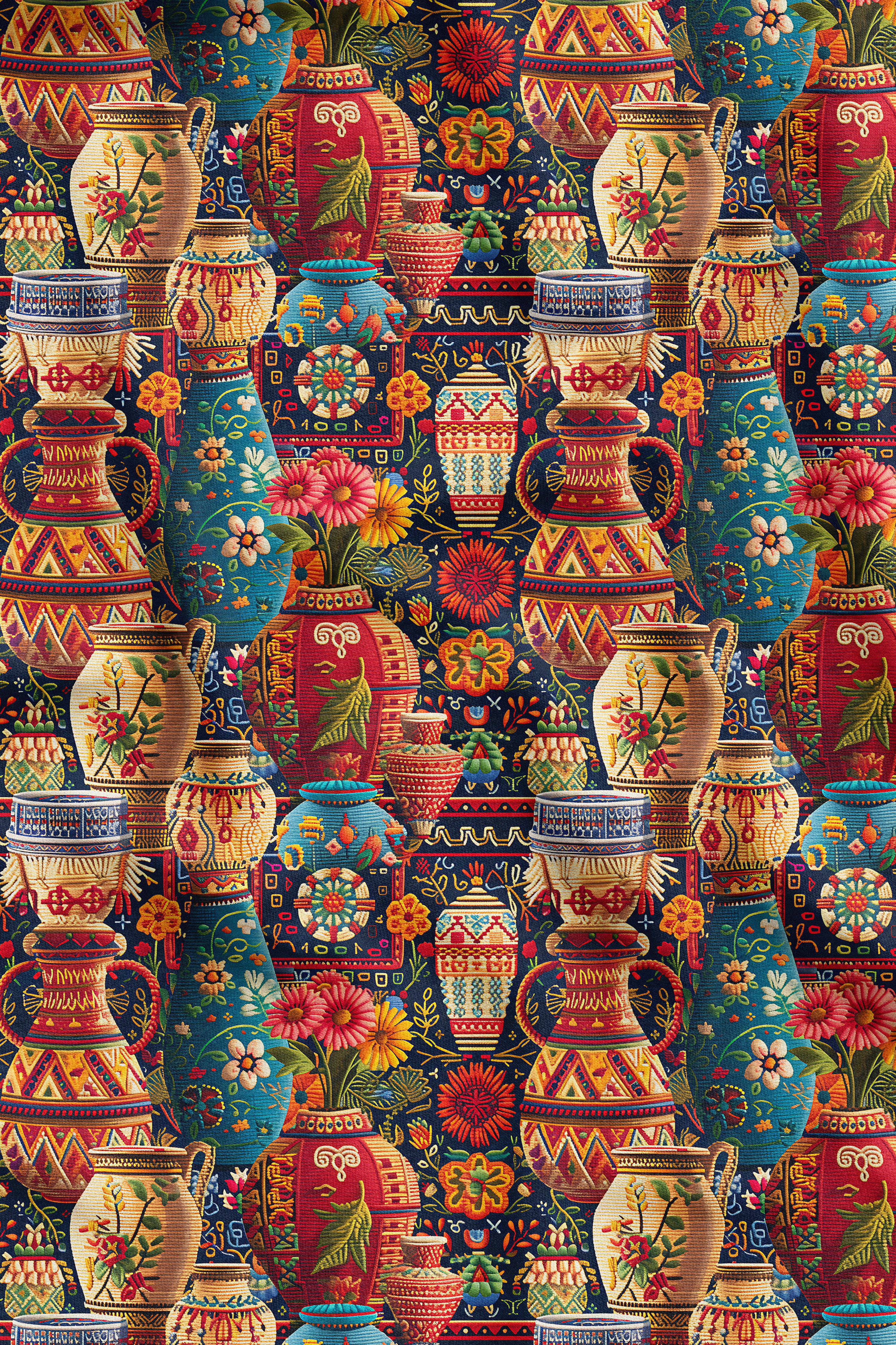 3D Etnik Vazo Desenli Dijital Baskılı Kumaş