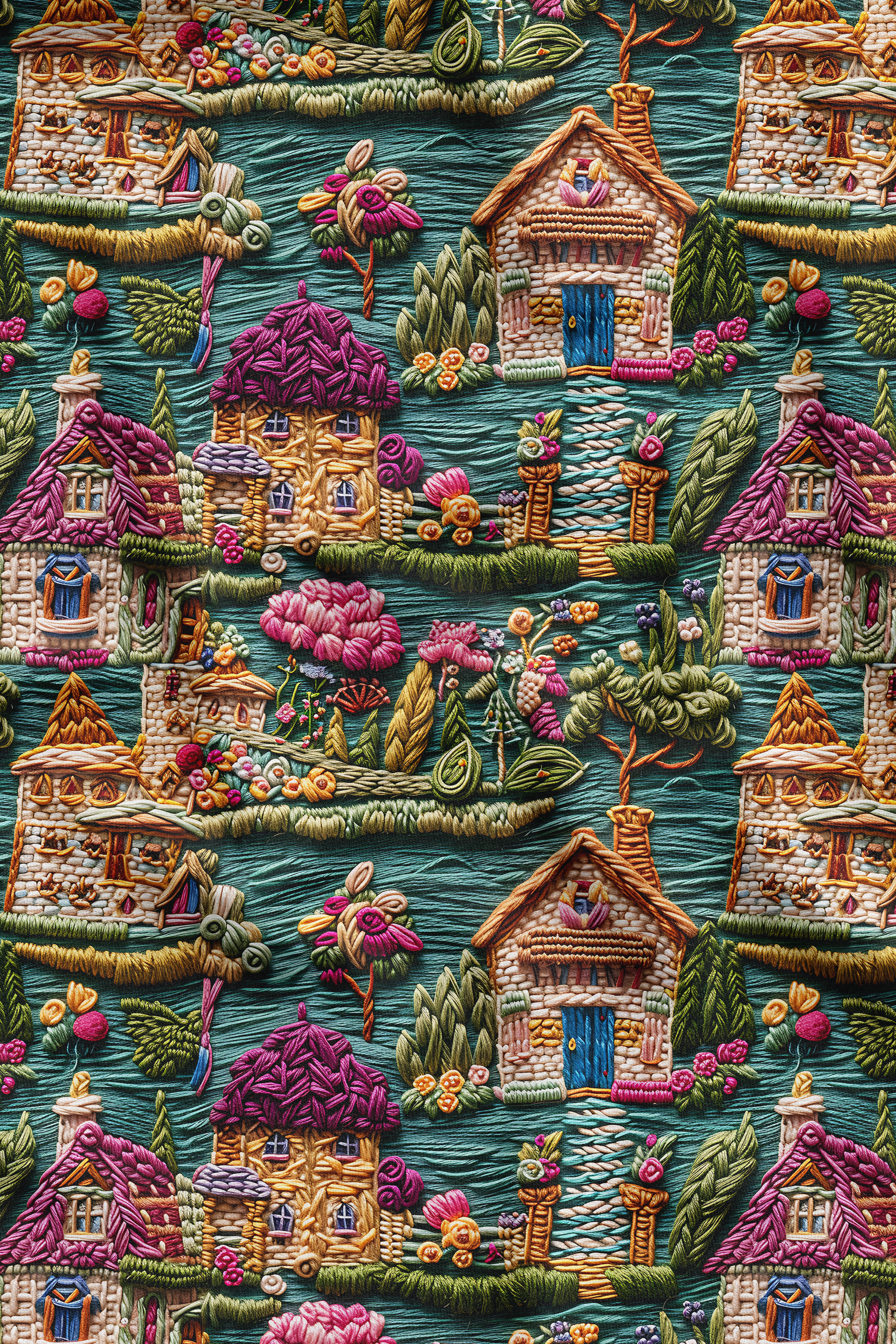 3D Evler Desenli Dijital Baskılı Kumaş