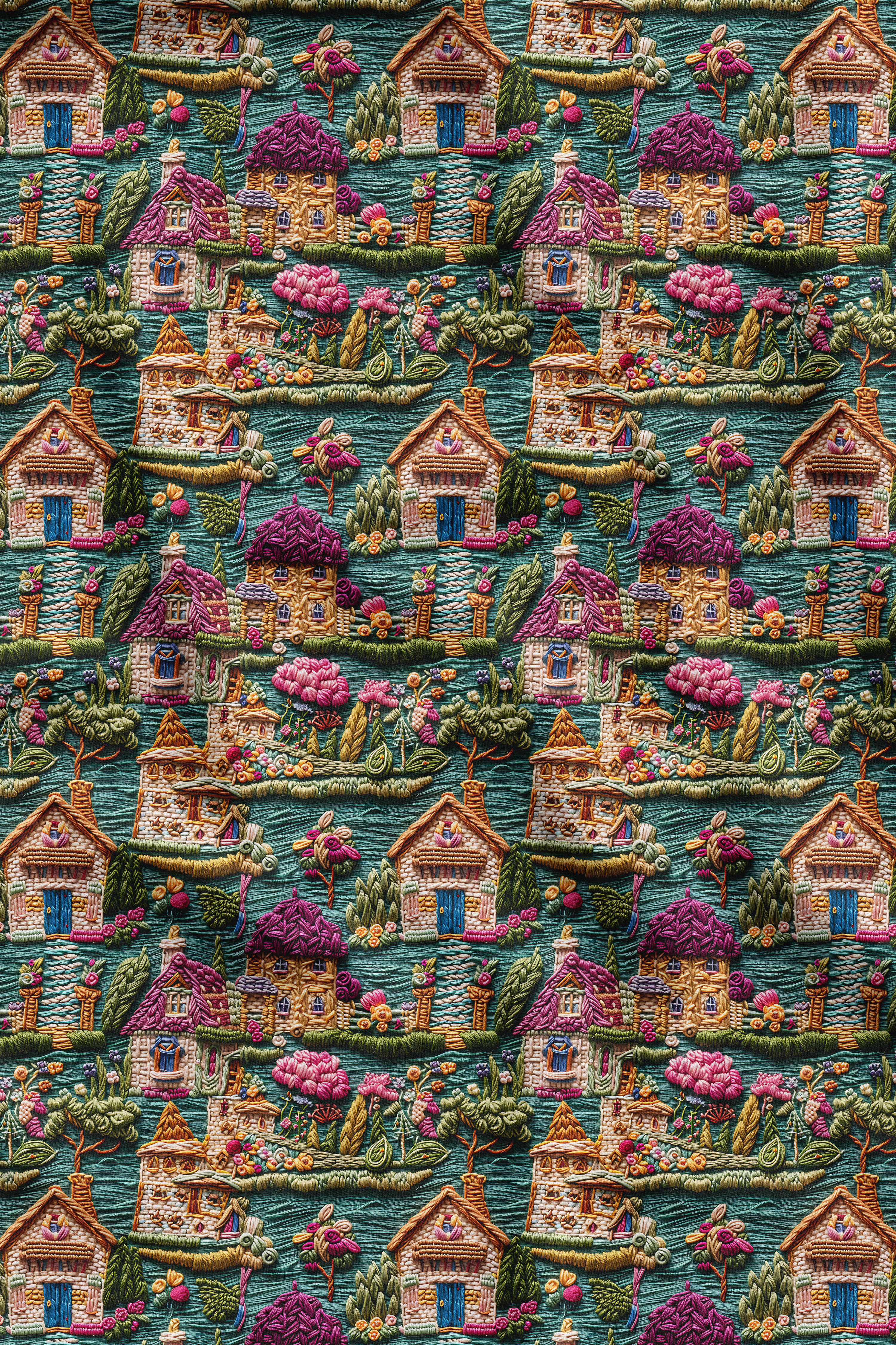 3D Evler Desenli Dijital Baskılı Kumaş