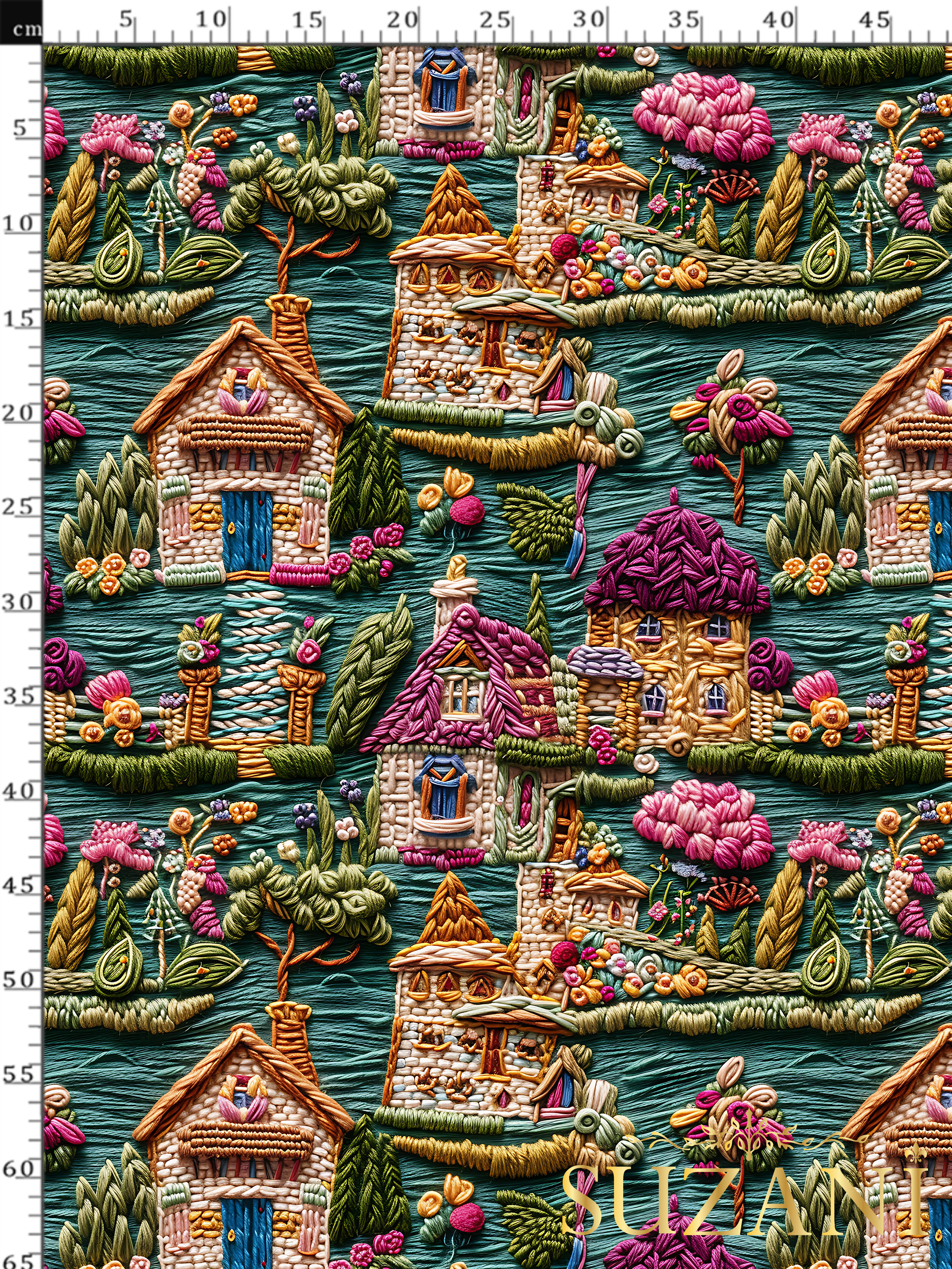 3D Evler Desenli Dijital Baskılı Kumaş