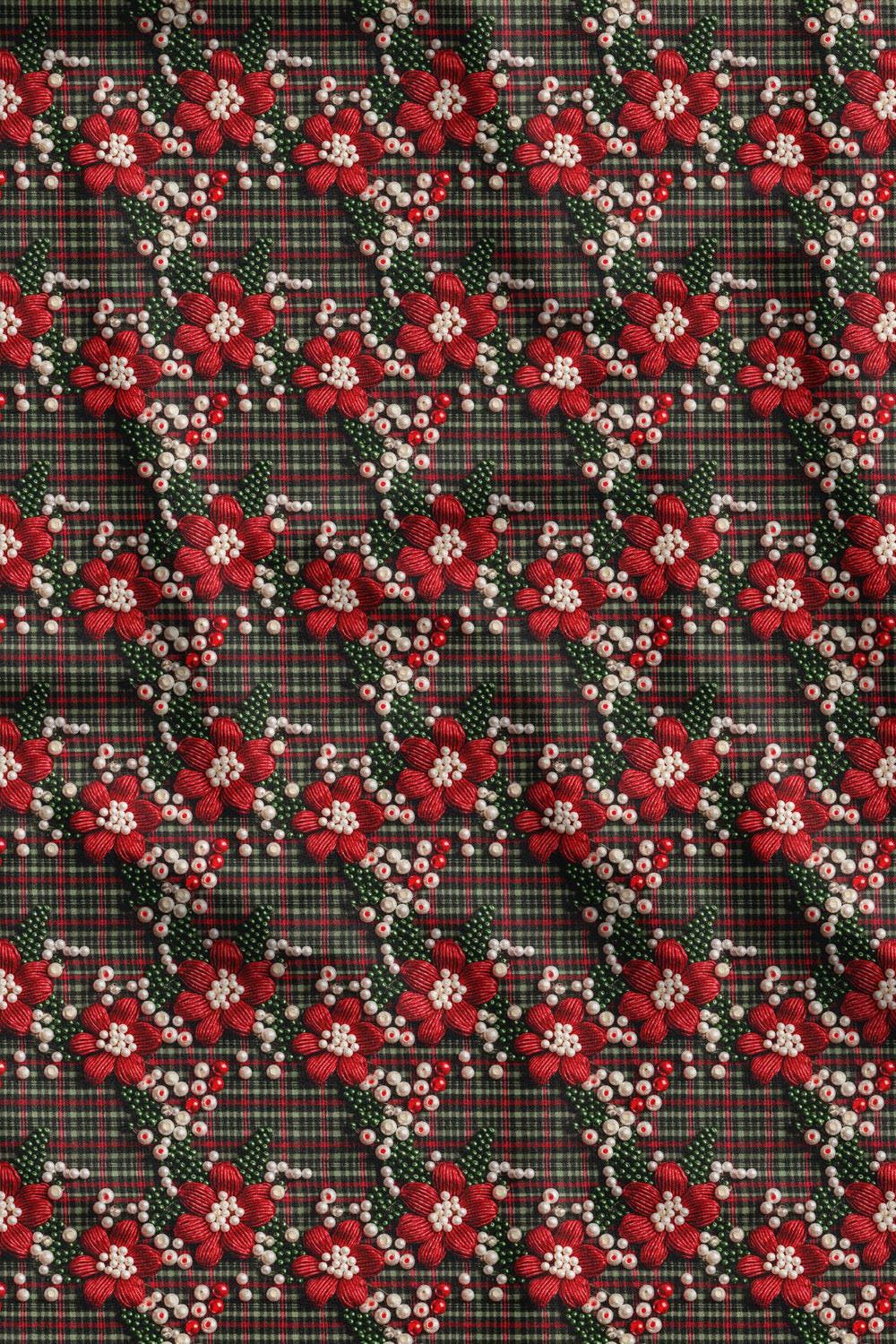 3D İncili Ekose Desenli Dijital Baskılı Kumaş