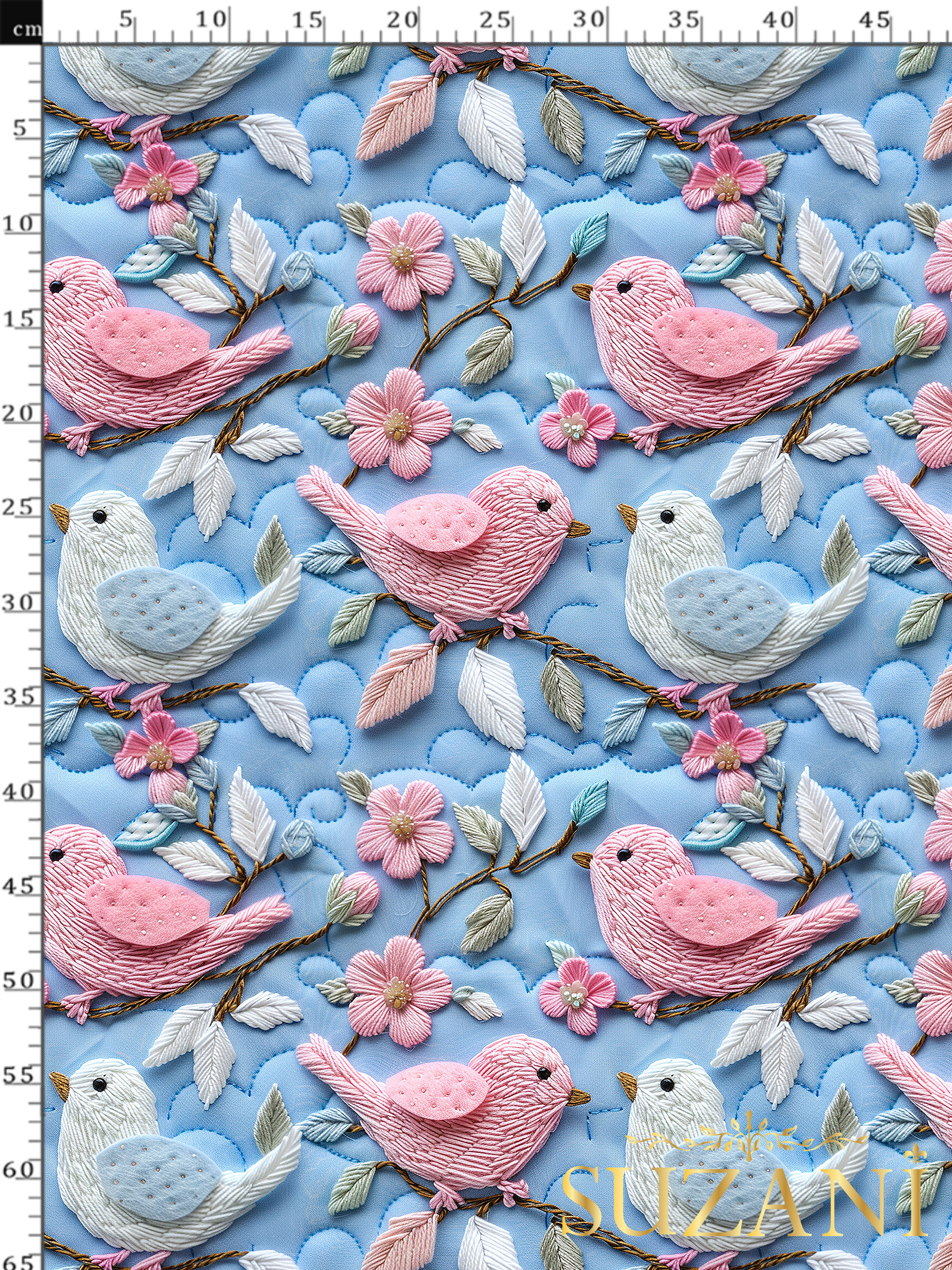 3D Kuşlar Desenli Dijital Baskılı Kumaş