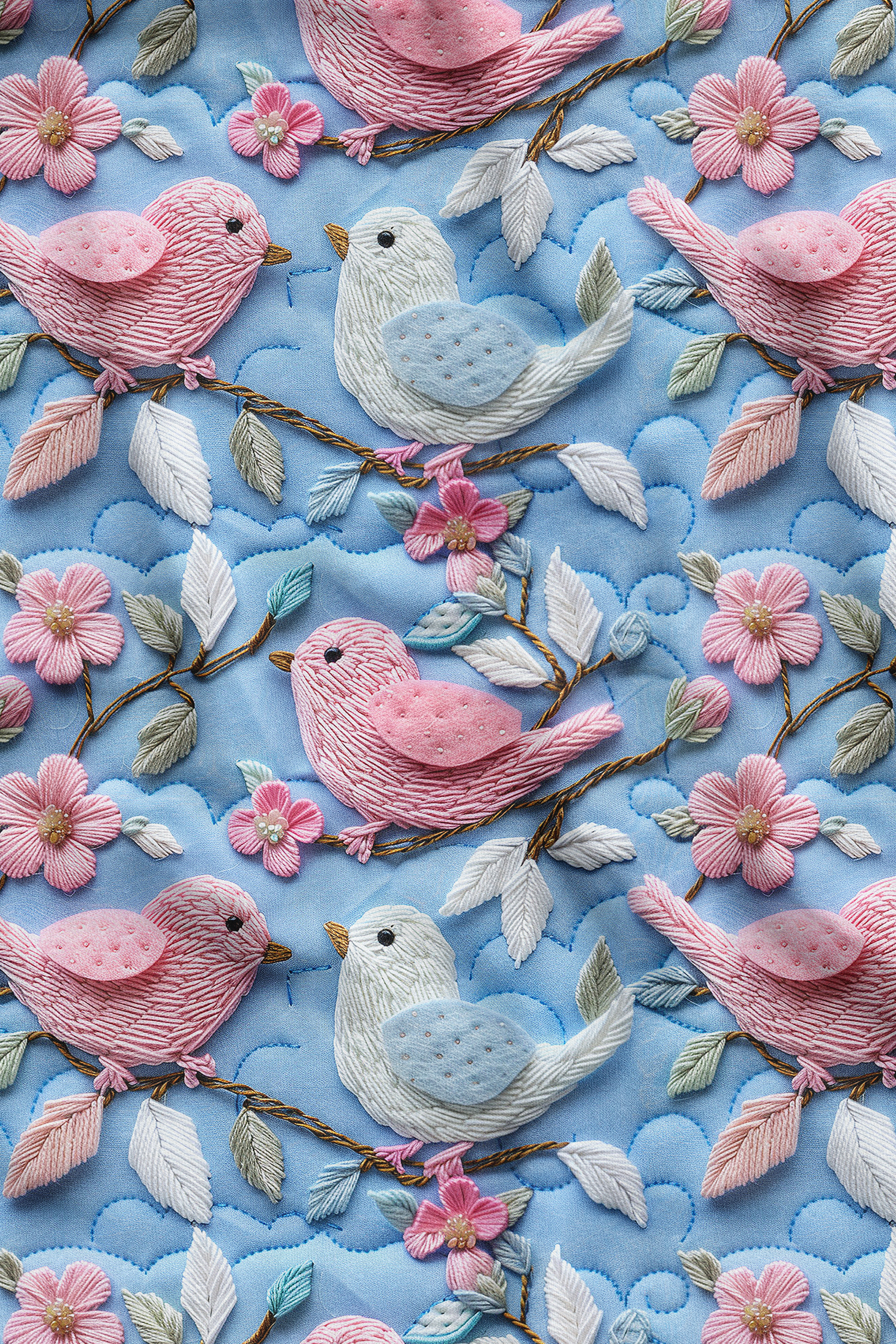 3D Kuşlar Desenli Dijital Baskılı Kumaş