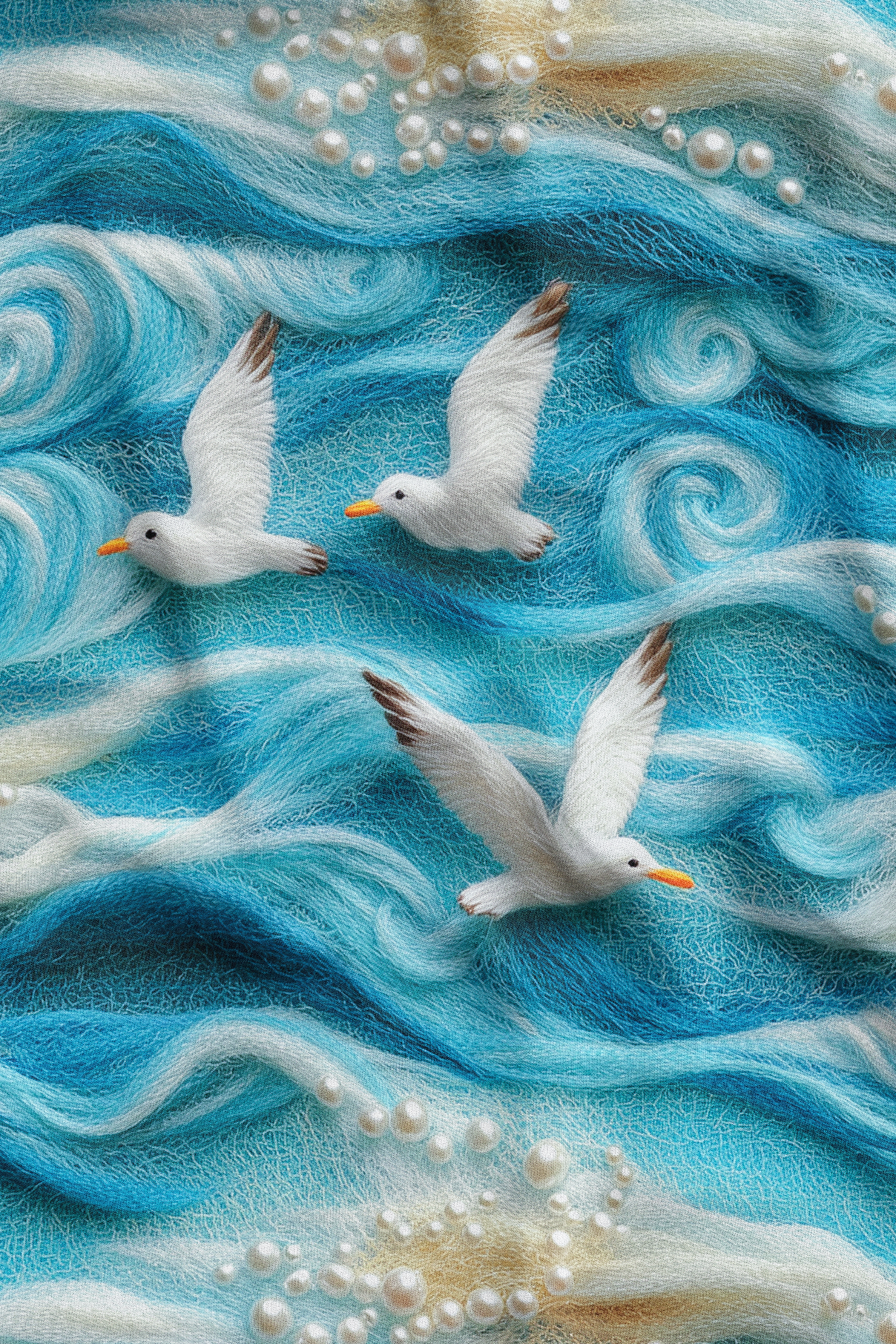 3D Martılar Deseni Dijital Baskılı Kumaş