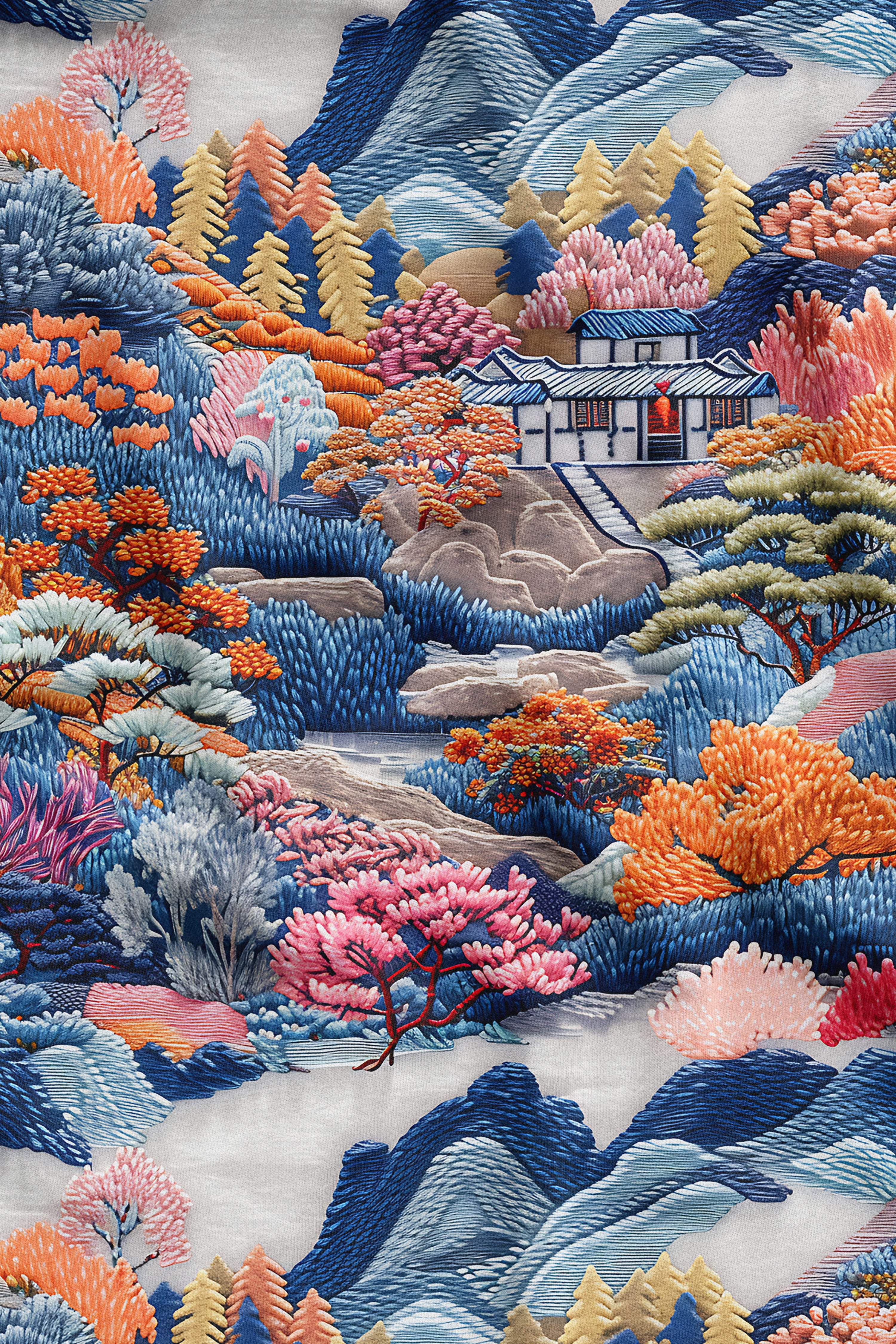 3D Mavi Manzara Desenli Dijital Baskılı Kumaş