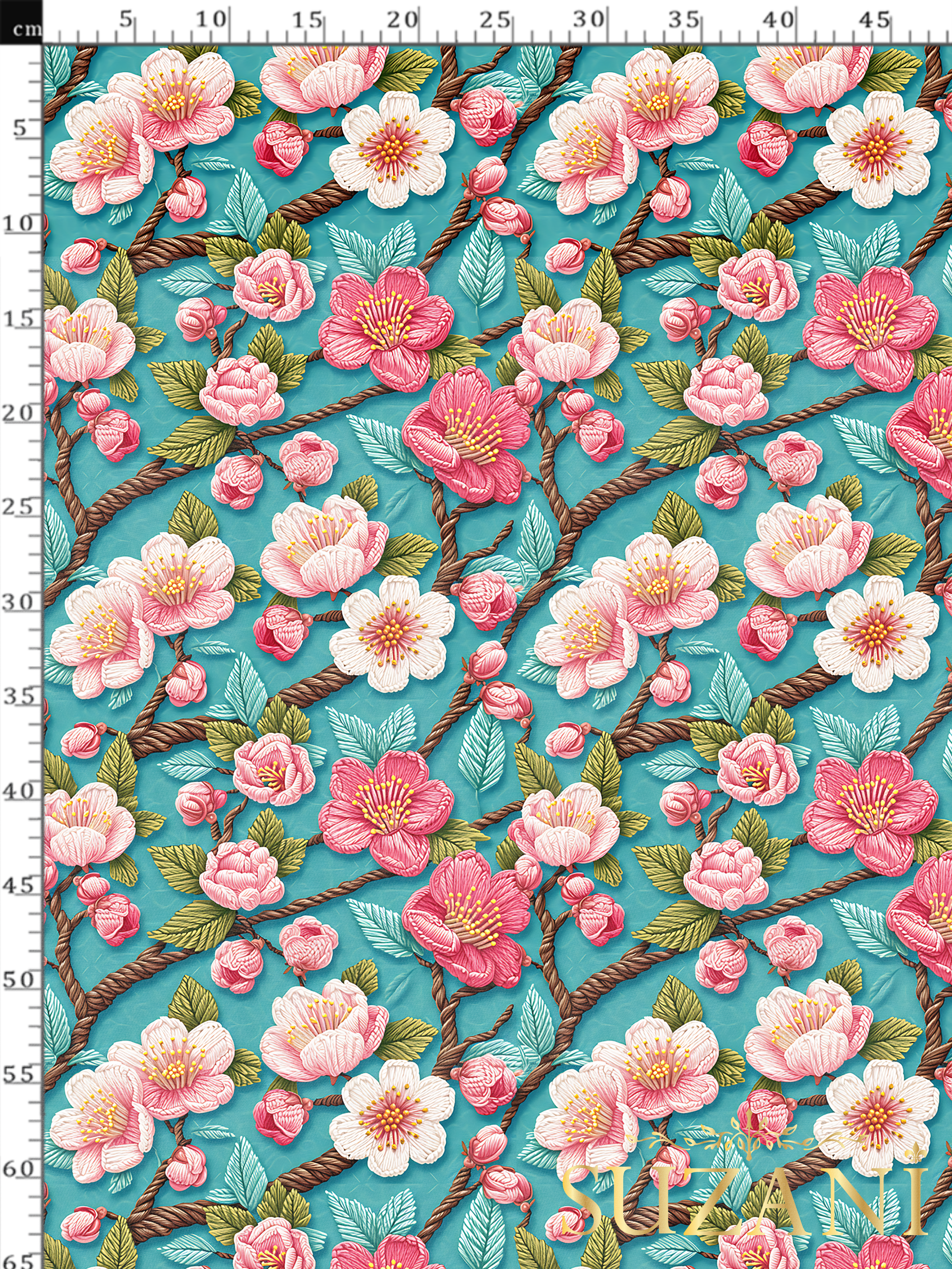 3D Mint Çiçek Desenli Dijital Baskılı Kumaş